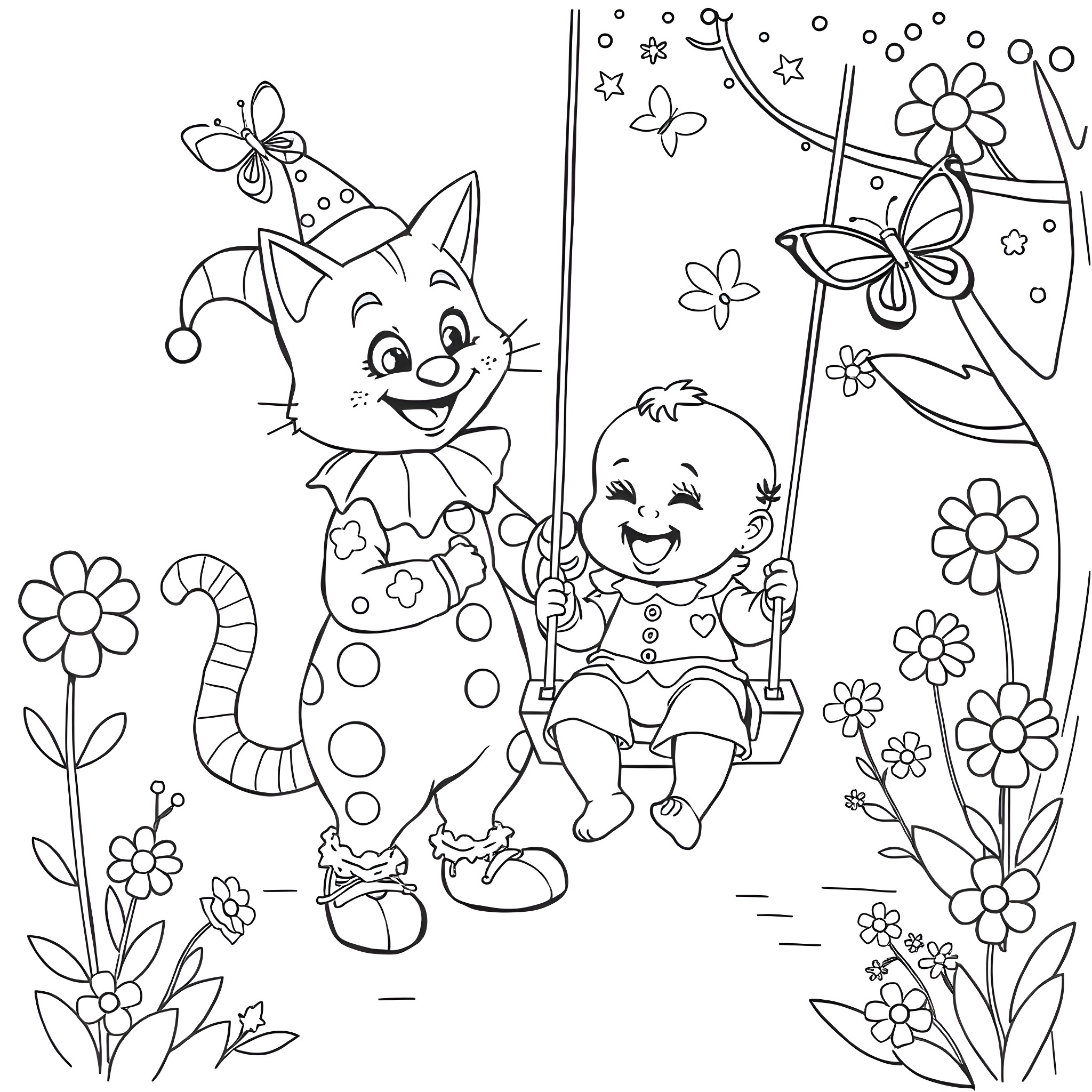 Cat playing with cheerful child on swing in flowery meadow Coloring Page (free black-and-white line drawing printable PDF for all, from beginners to advanced learners, including children, teens, adults, and seniors)