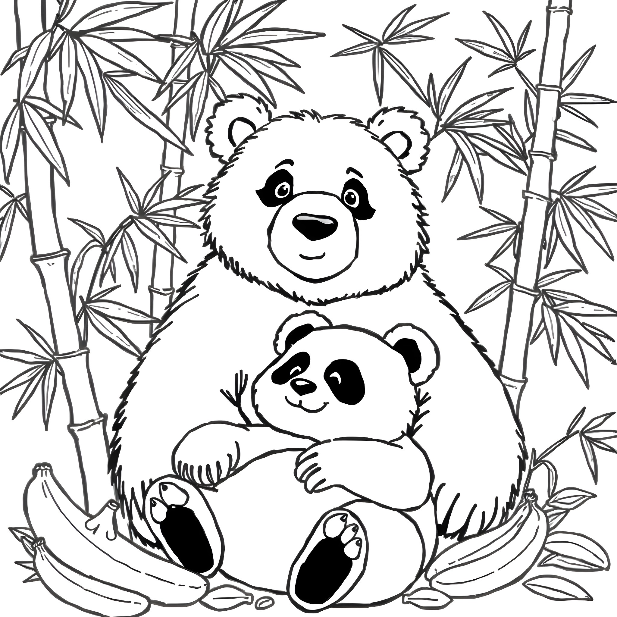 Stuffed Bear and Panda in Bamboo Forest Coloring Page (free black-and-white line drawing printable PDF for all, from beginners to advanced learners, including children, teens, adults, and seniors)