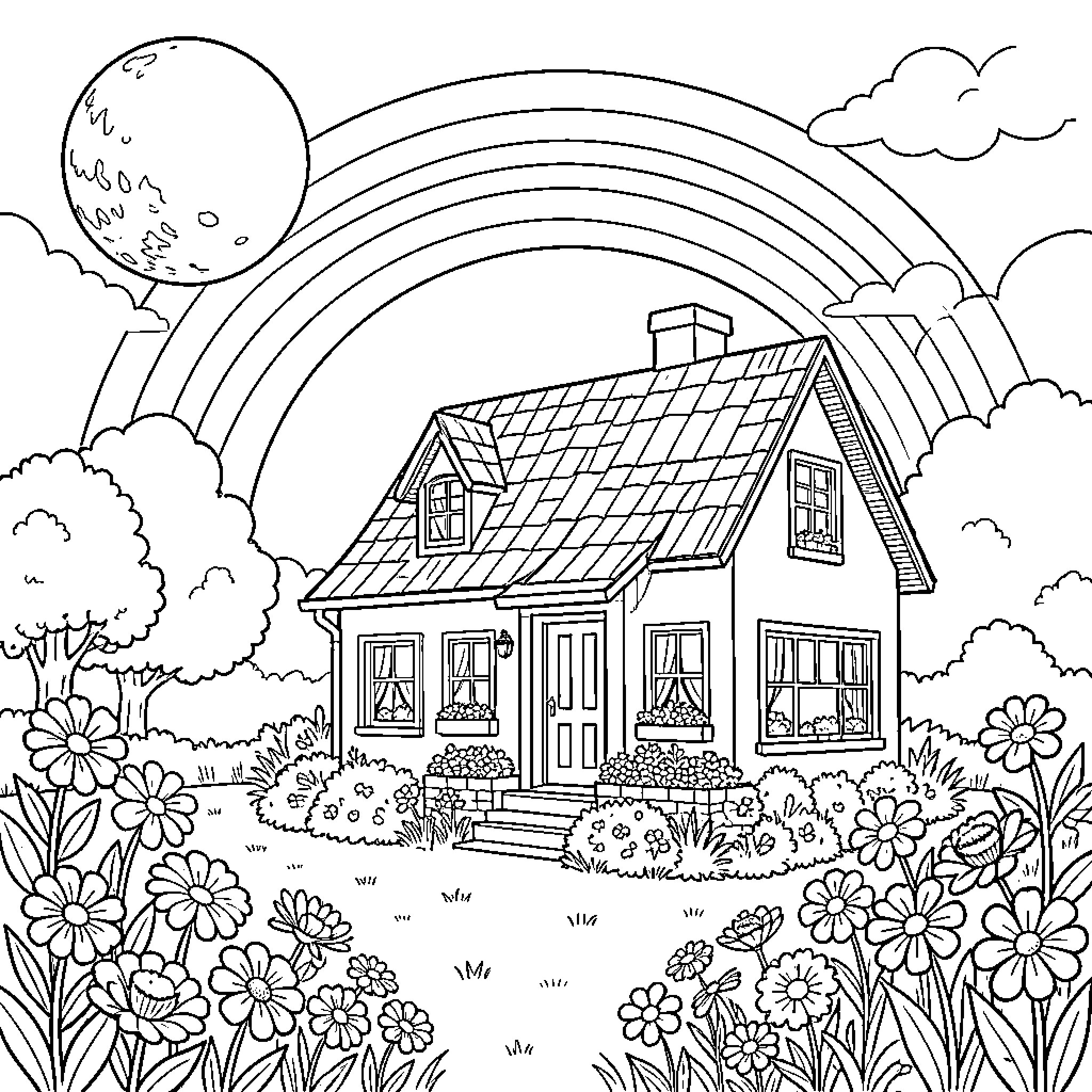Moon shines over cozy cottage in blooming garden Coloring Page (free black-and-white line drawing printable PDF for all, from beginners to advanced learners, including children, teens, adults, and seniors)