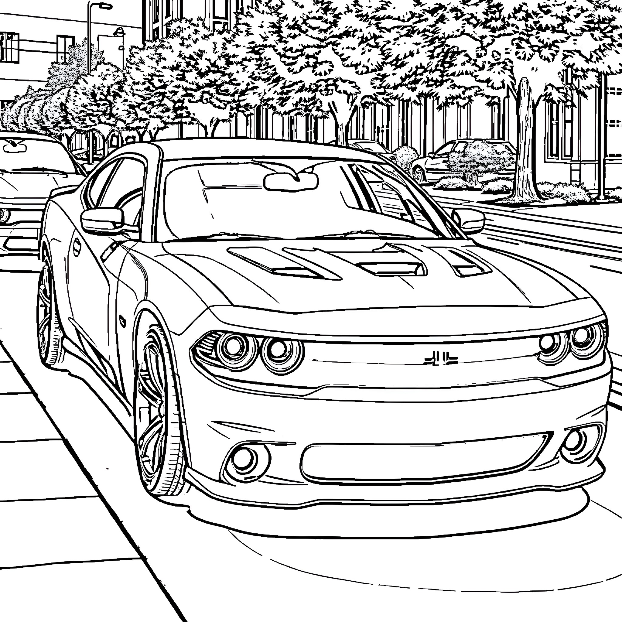 Dodge Charger on the city street Coloring Page (free black-and-white line drawing printable PDF for all, from beginners to advanced learners, including children, teens, adults, and seniors)