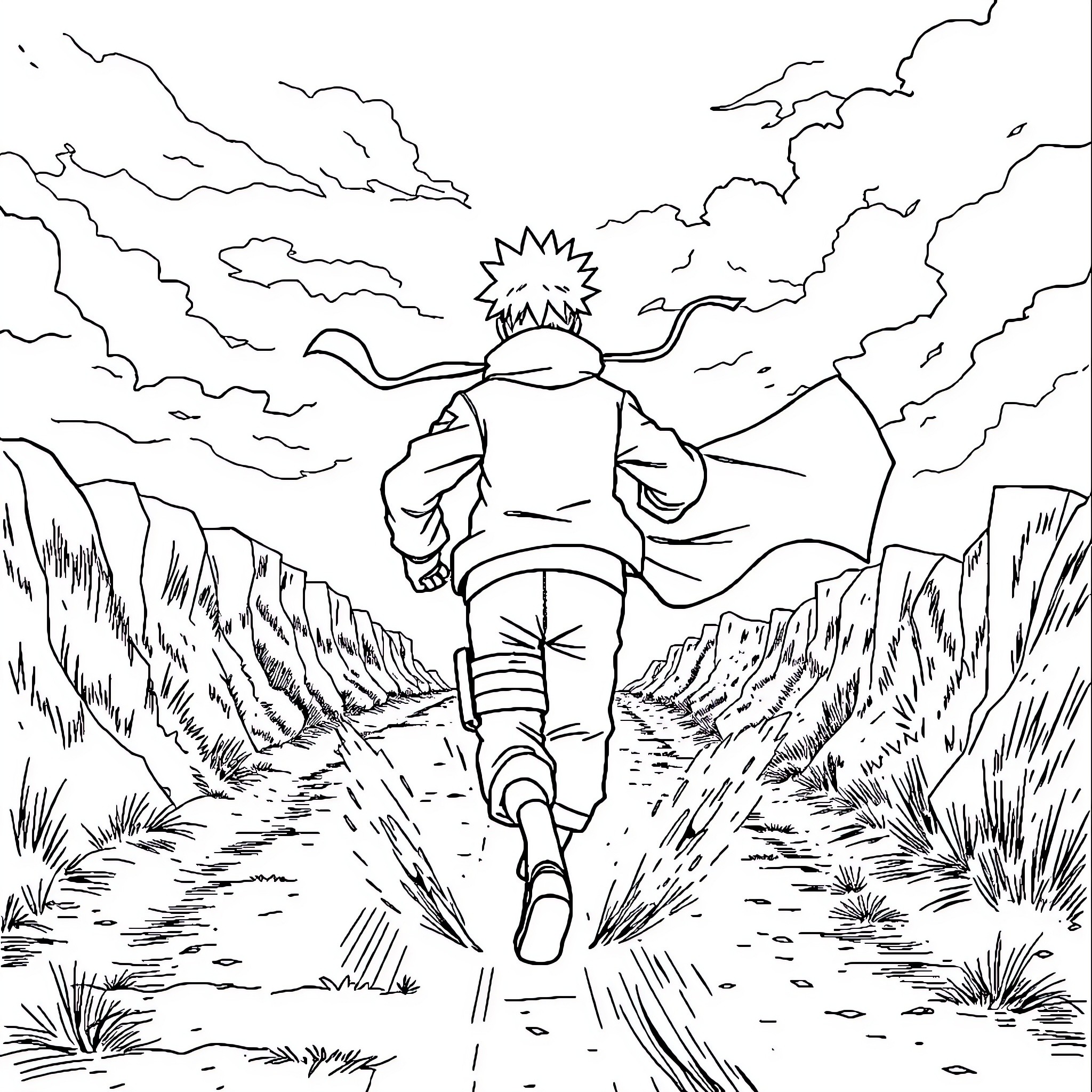 Naruto walking through a dramatic landscape Coloring Page (free black-and-white line drawing printable PDF for all, from beginners to advanced learners, including children, teens, adults, and seniors)