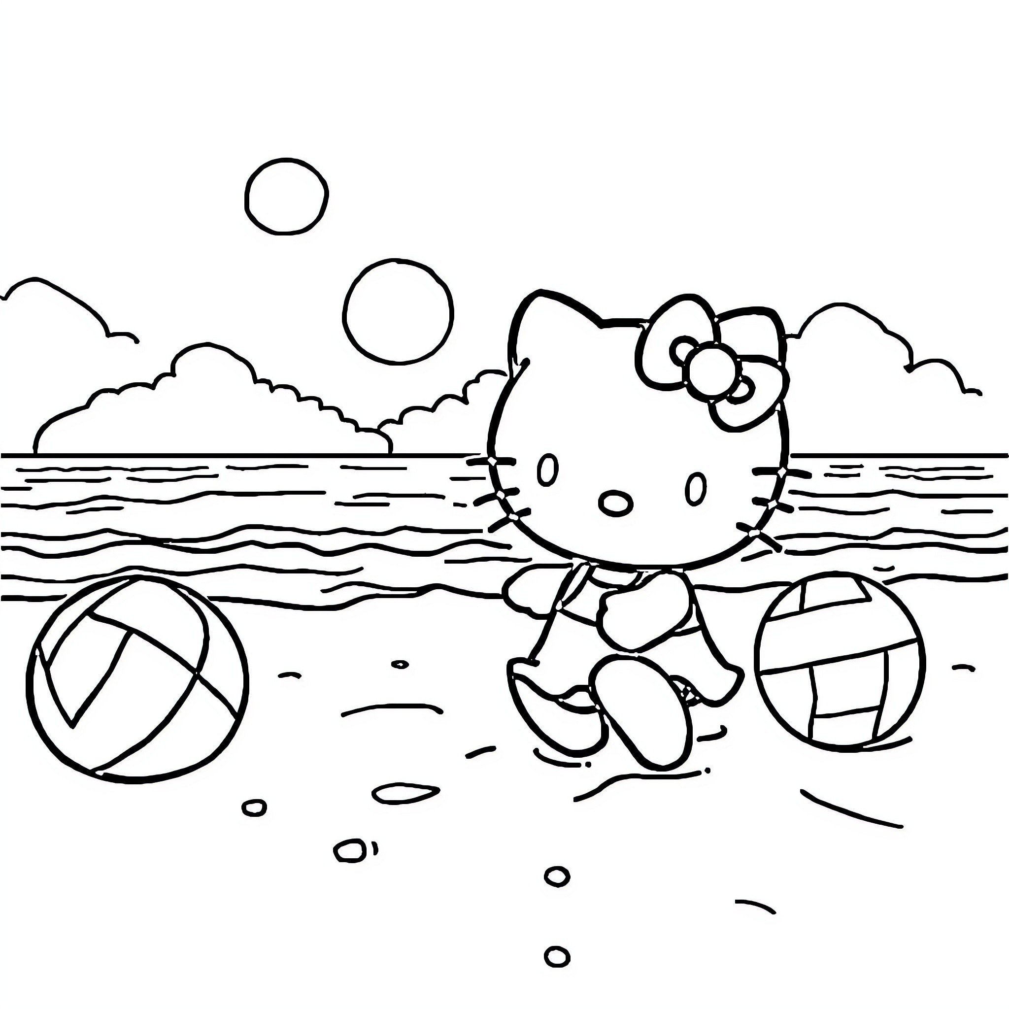 Hello Kitty playing on the beach Coloring Page (free black-and-white line drawing printable PDF for all, from beginners to advanced learners, including children, teens, adults, and seniors)