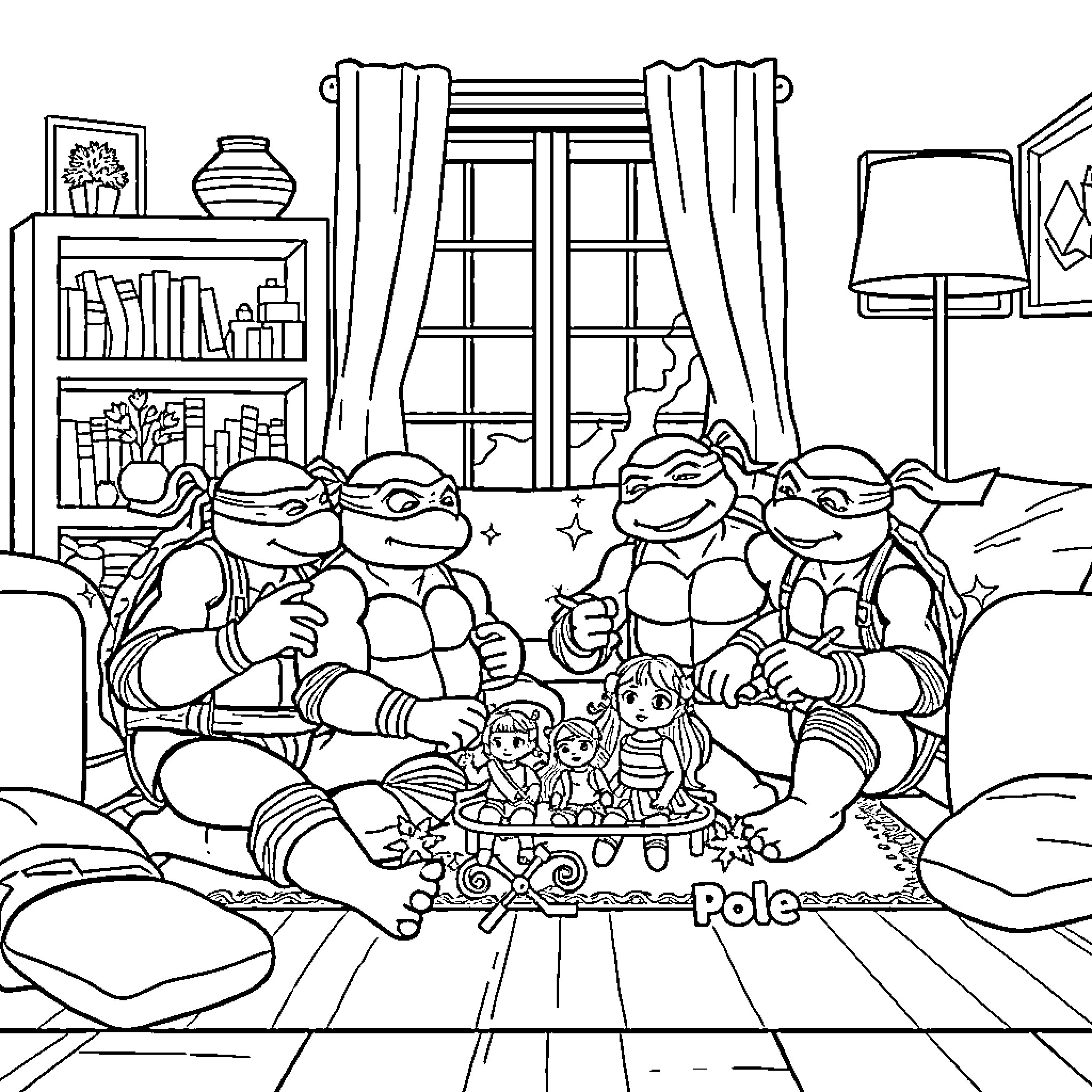 Ninja Turtles relaxing and enjoying time together Coloring Page (free black-and-white line drawing printable PDF for all, from beginners to advanced learners, including children, teens, adults, and seniors)