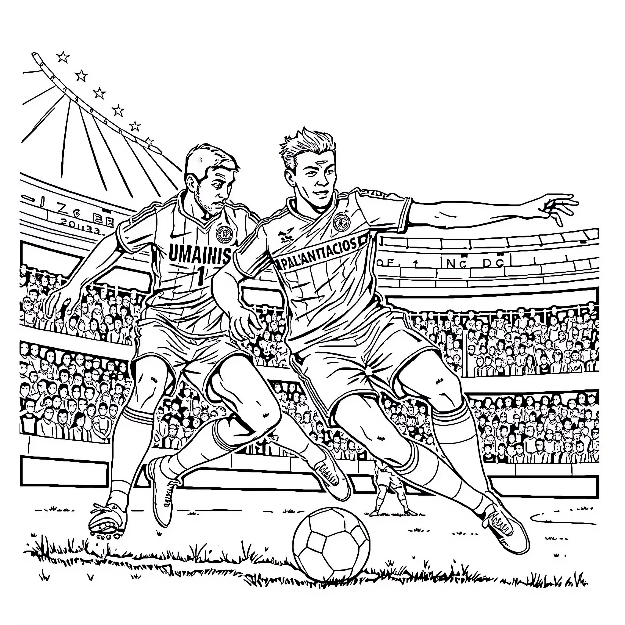 Olympiacos players in intense soccer match on field Coloring Page (free black-and-white line drawing printable PDF for all, from beginners to advanced learners, including children, teens, adults, and seniors)