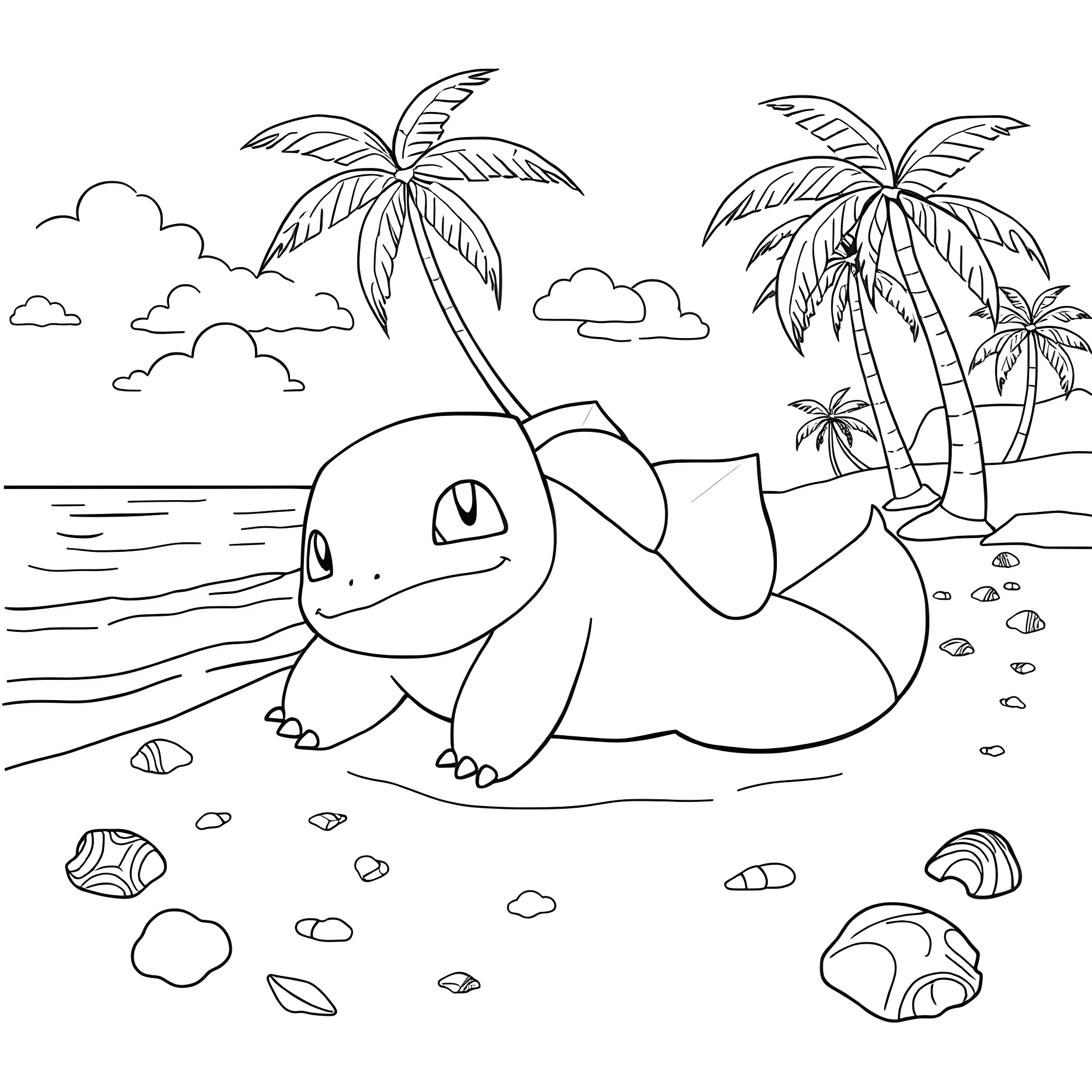Bulbasaur relaxing on the beach Coloring Page (free black-and-white line drawing printable PDF for all, from beginners to advanced learners, including children, teens, adults, and seniors)