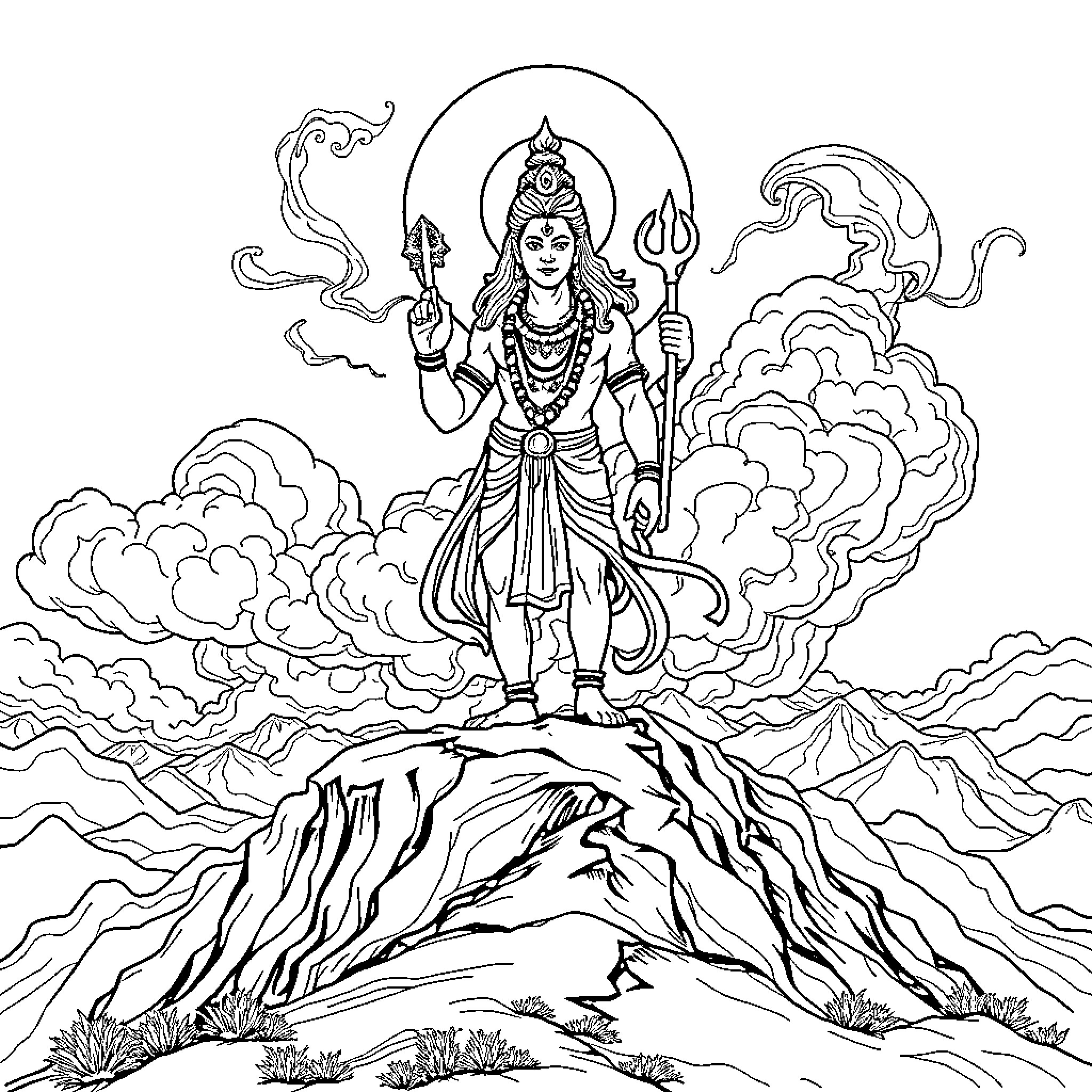 Lord Shiva wielding trident and standing on mountain Coloring Page (free black-and-white line drawing printable PDF for all, from beginners to advanced learners, including children, teens, adults, and seniors)