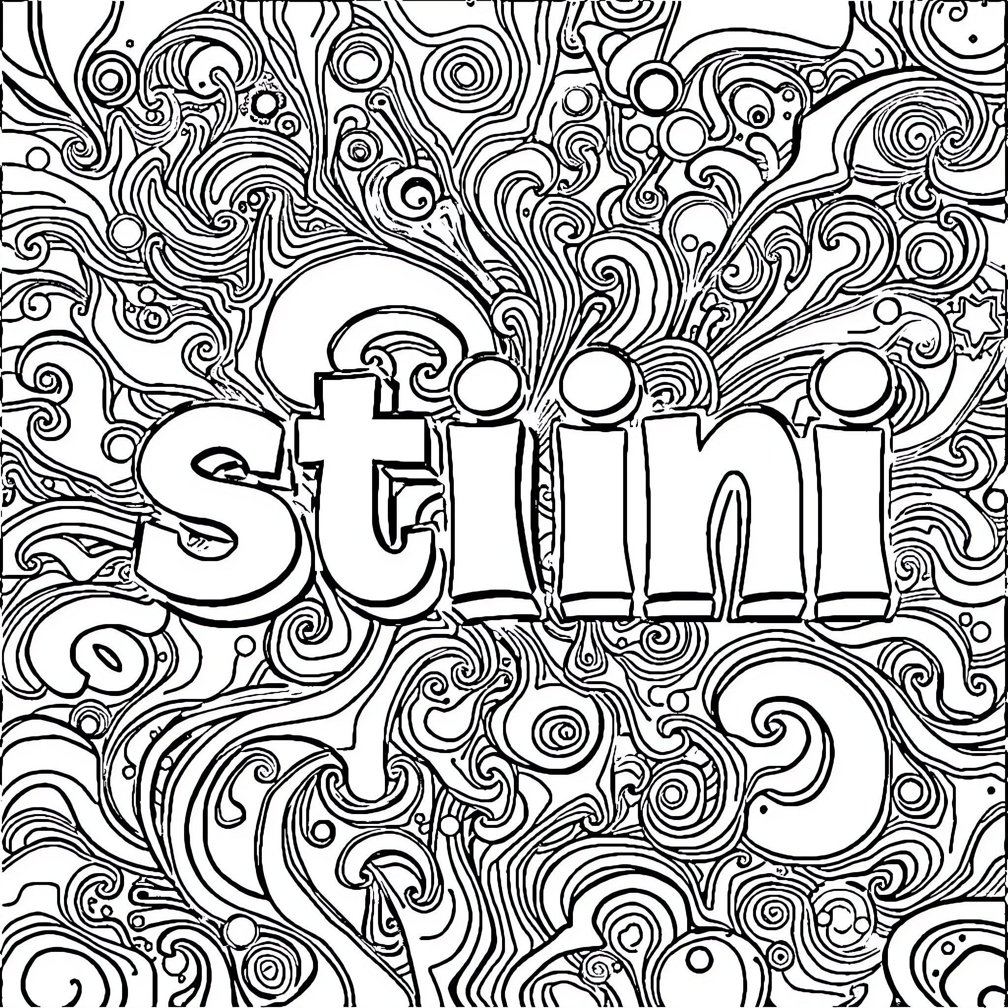 Stini's Psychedelic Doodle Adventure Coloring Page (free black-and-white line drawing printable PDF for all, from beginners to advanced learners, including children, teens, adults, and seniors)