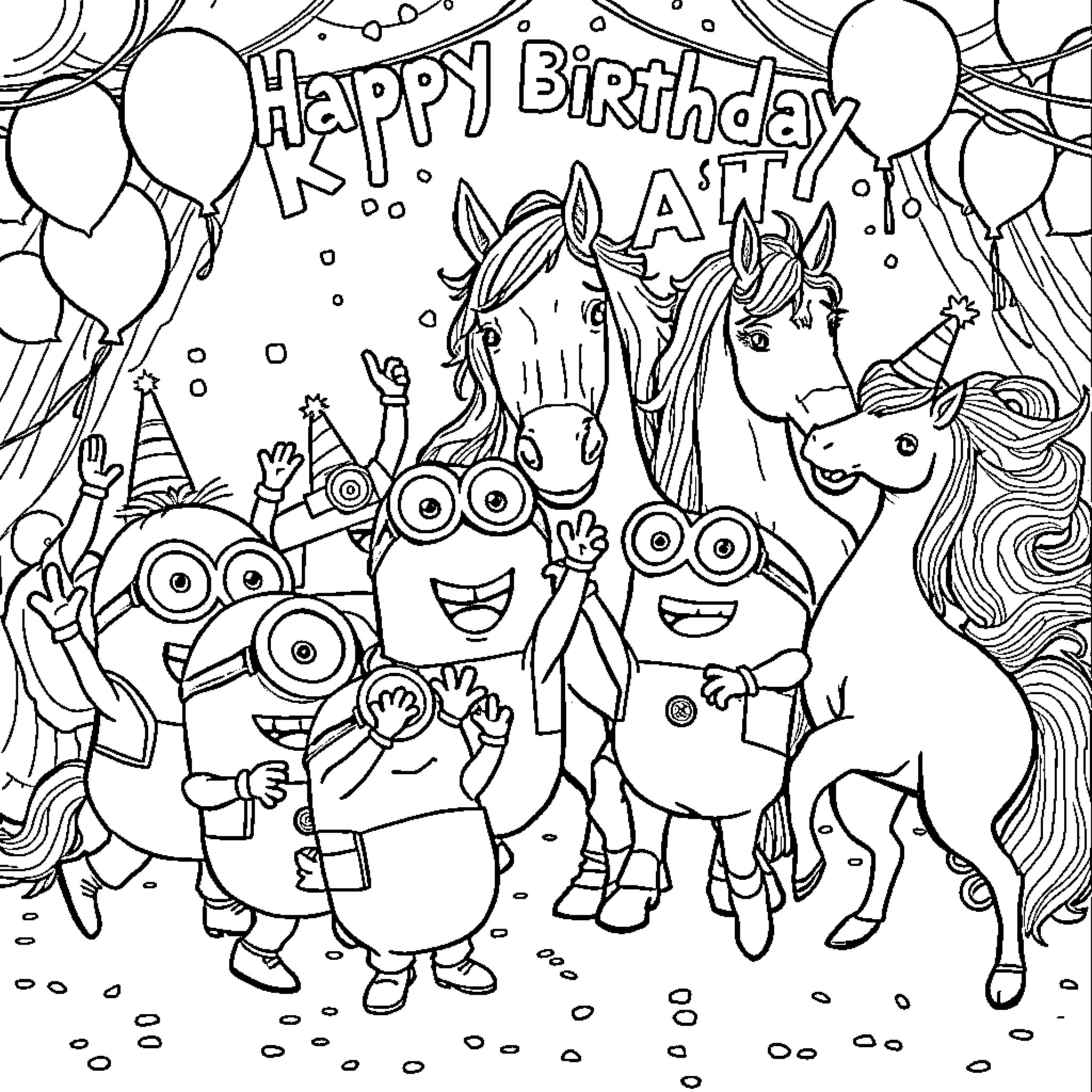 Minions Celebrating a Joyous Birthday Party Coloring Page (free black-and-white line drawing printable PDF for all, from beginners to advanced learners, including children, teens, adults, and seniors)