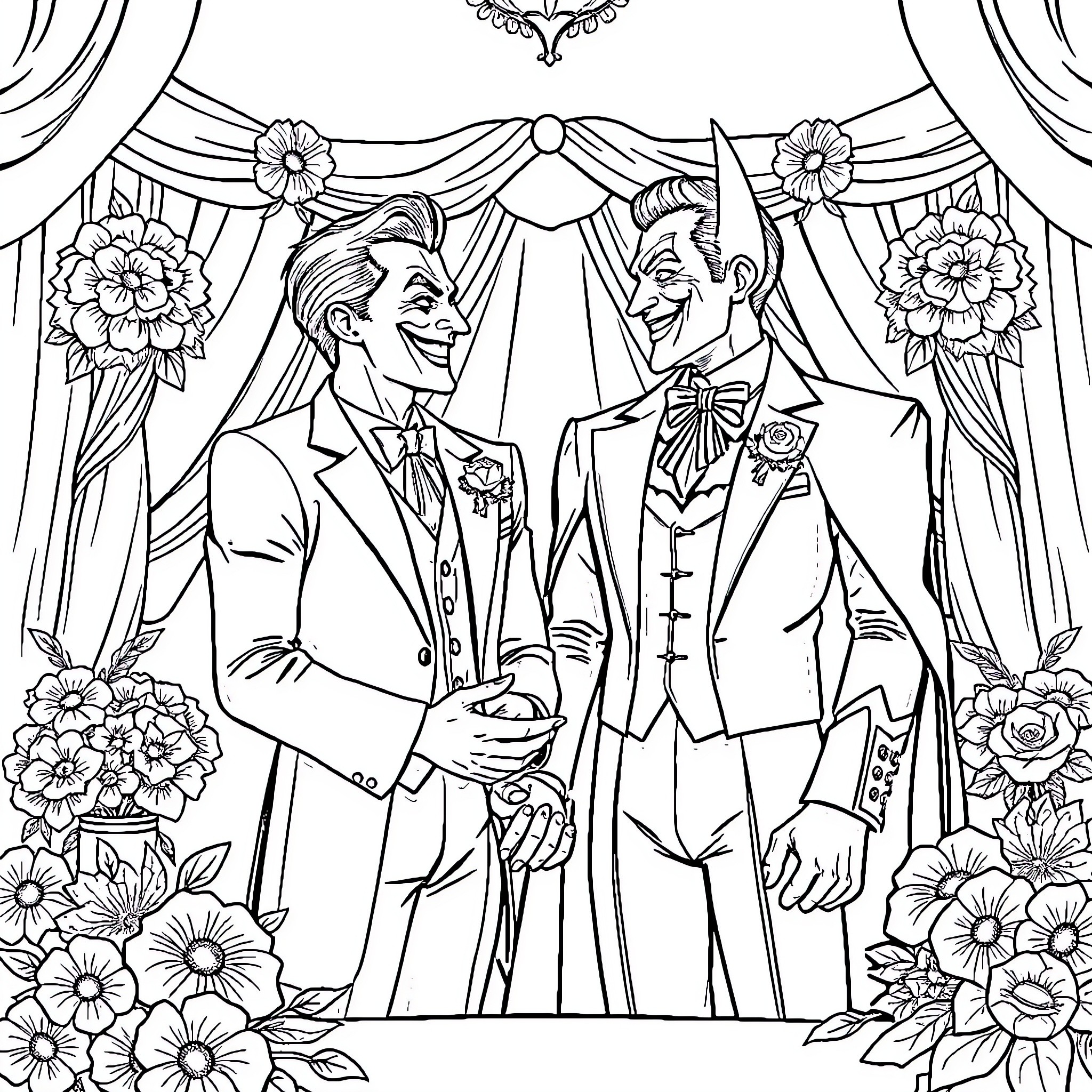 Batman's Elegant Wedding Ceremony Coloring Page (free black-and-white line drawing printable PDF for all, from beginners to advanced learners, including children, teens, adults, and seniors)