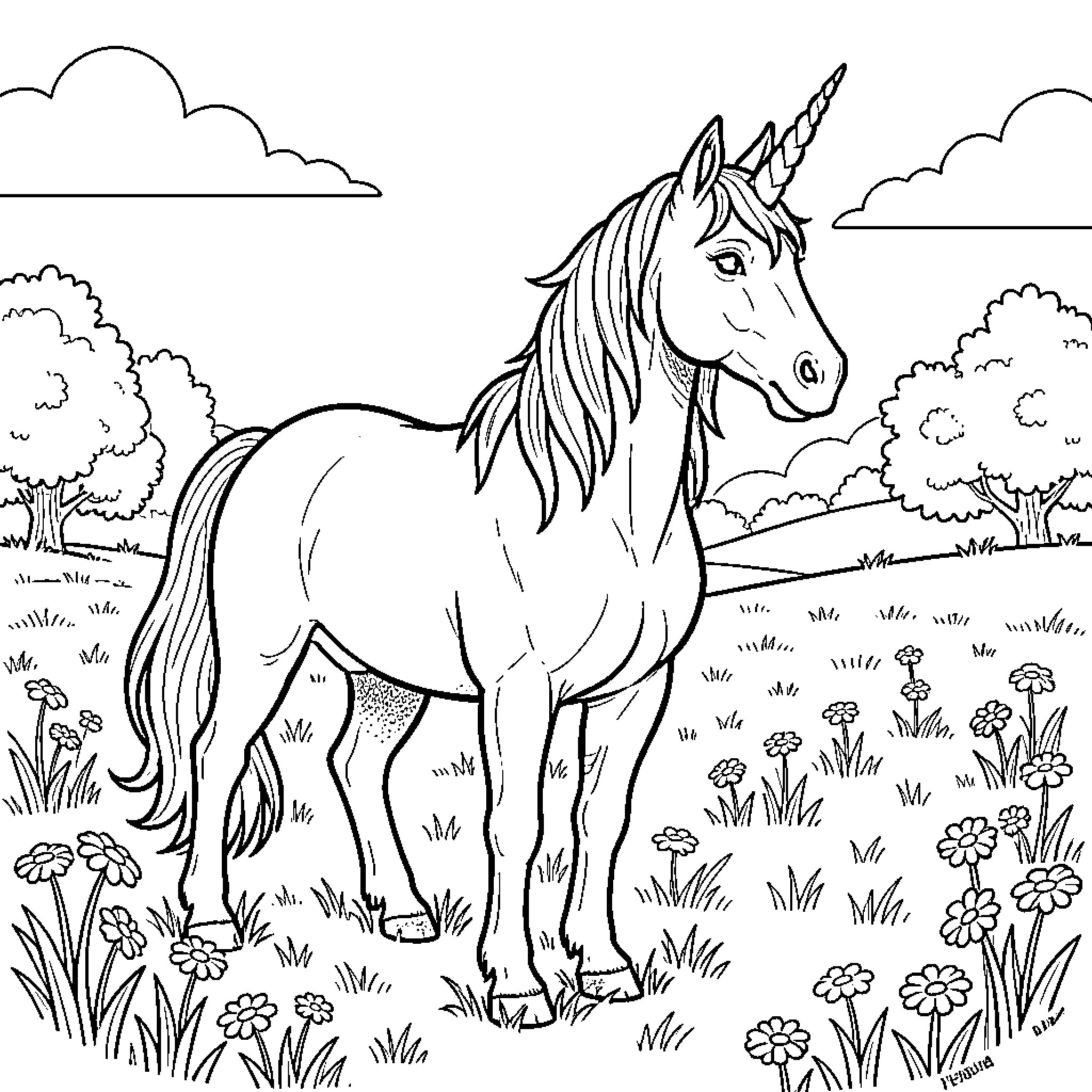 Unicorn standing in a meadow surrounded by flowers Coloring Page (free black-and-white line drawing printable PDF for all, from beginners to advanced learners, including children, teens, adults, and seniors)