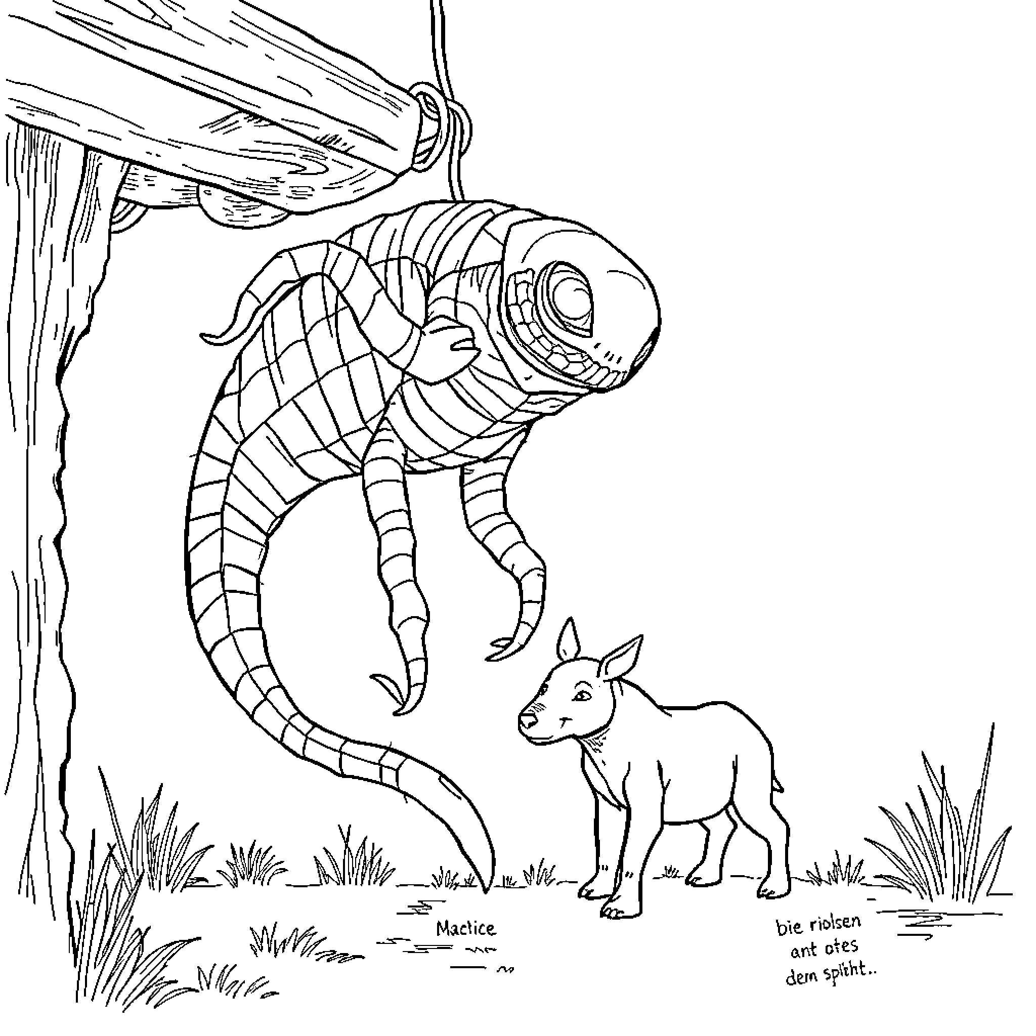Spider-like creature observing a curious animal Coloring Page (free black-and-white line drawing printable PDF for all, from beginners to advanced learners, including children, teens, adults, and seniors)