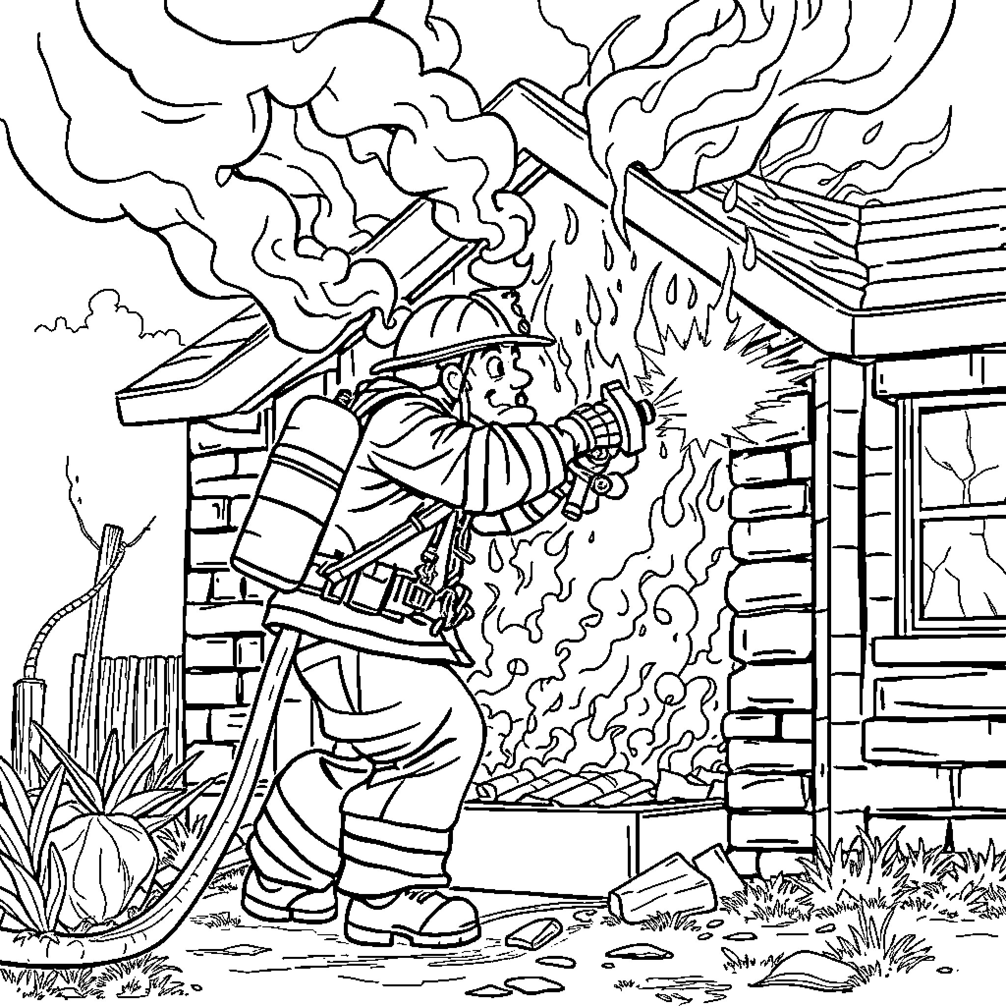 Firefighter battling a blaze in a rural setting Coloring Page (free black-and-white line drawing printable PDF for all, from beginners to advanced learners, including children, teens, adults, and seniors)