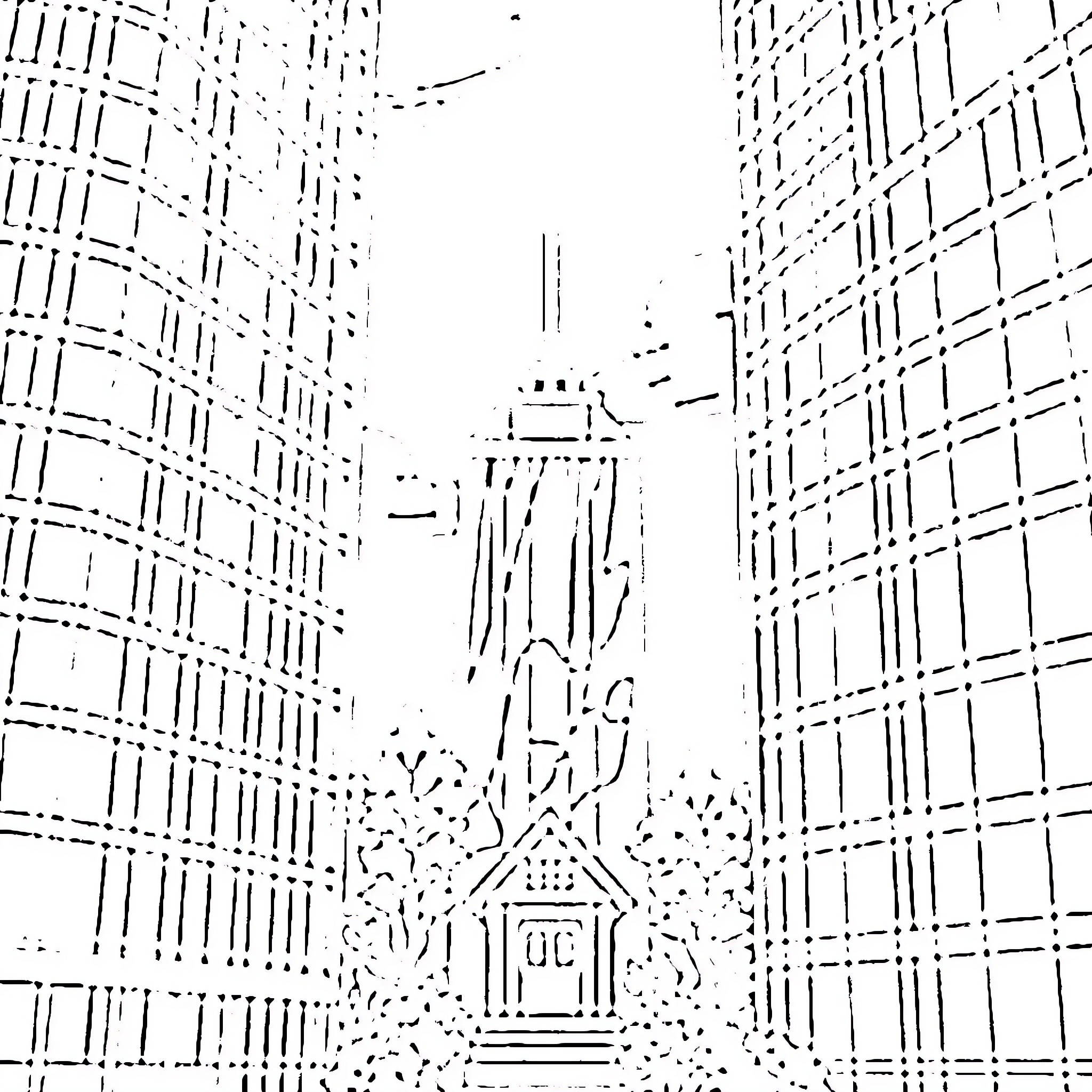 House with architectural details in cityscape Coloring Page (free black-and-white line drawing printable PDF for all, from beginners to advanced learners, including children, teens, adults, and seniors)