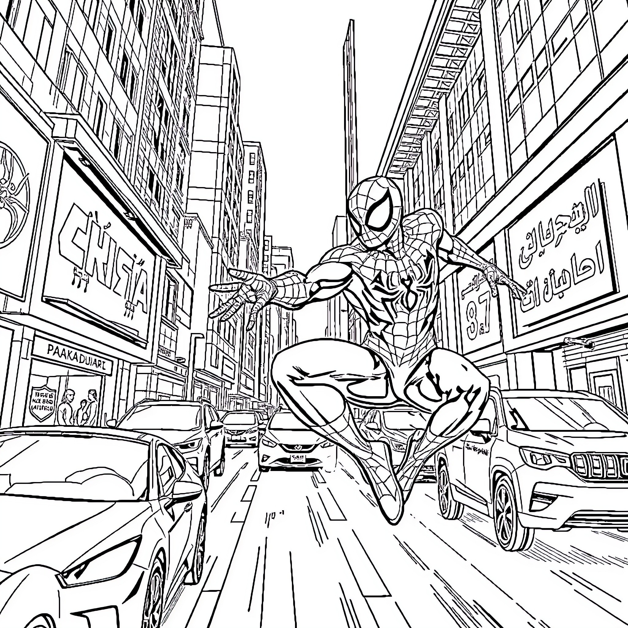 Spider-Man swinging through a bustling city street Coloring Page (free black-and-white line drawing printable PDF for all, from beginners to advanced learners, including children, teens, adults, and seniors)