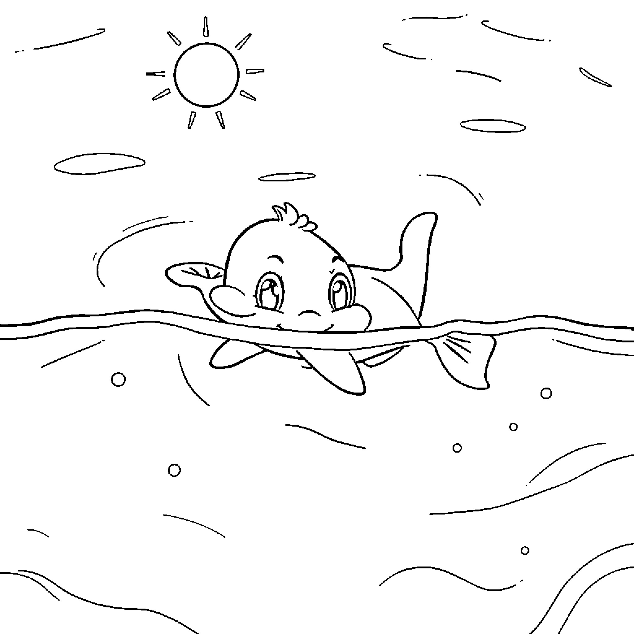 Bluey swimming happily in the ocean Coloring Page (free black-and-white line drawing printable PDF for all, from beginners to advanced learners, including children, teens, adults, and seniors)