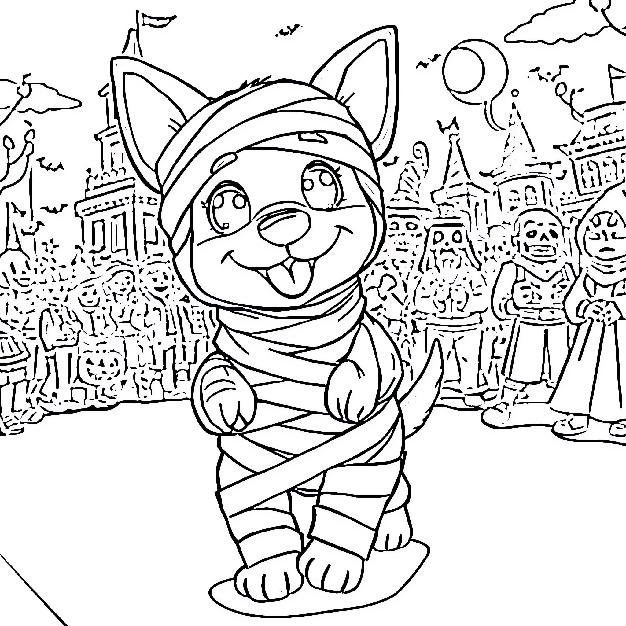 Bluey's Mummy Costume Adventure Coloring Page (free black-and-white line drawing printable PDF for all, from beginners to advanced learners, including children, teens, adults, and seniors)