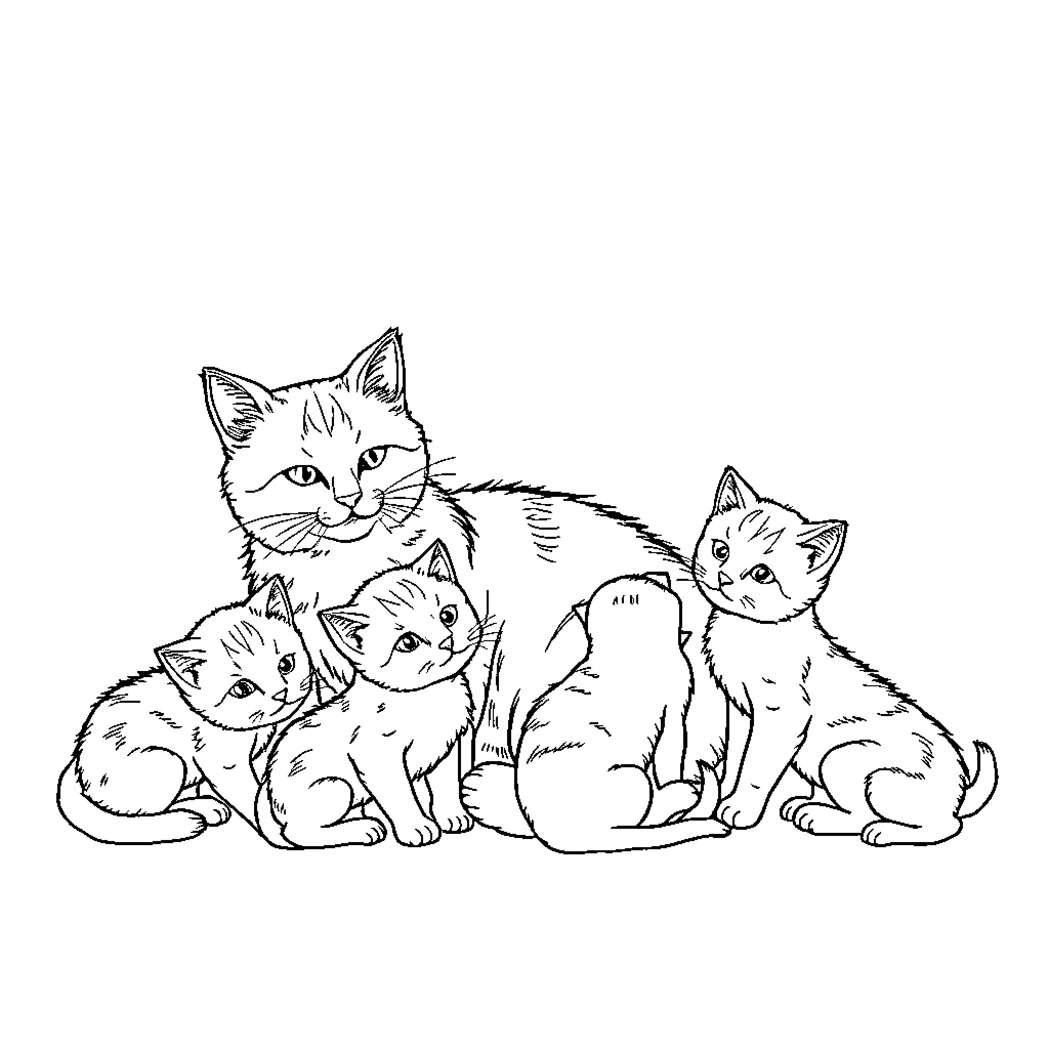 Cat family with kittens in a cozy group Coloring Page (free black-and-white line drawing printable PDF for all, from beginners to advanced learners, including children, teens, adults, and seniors)