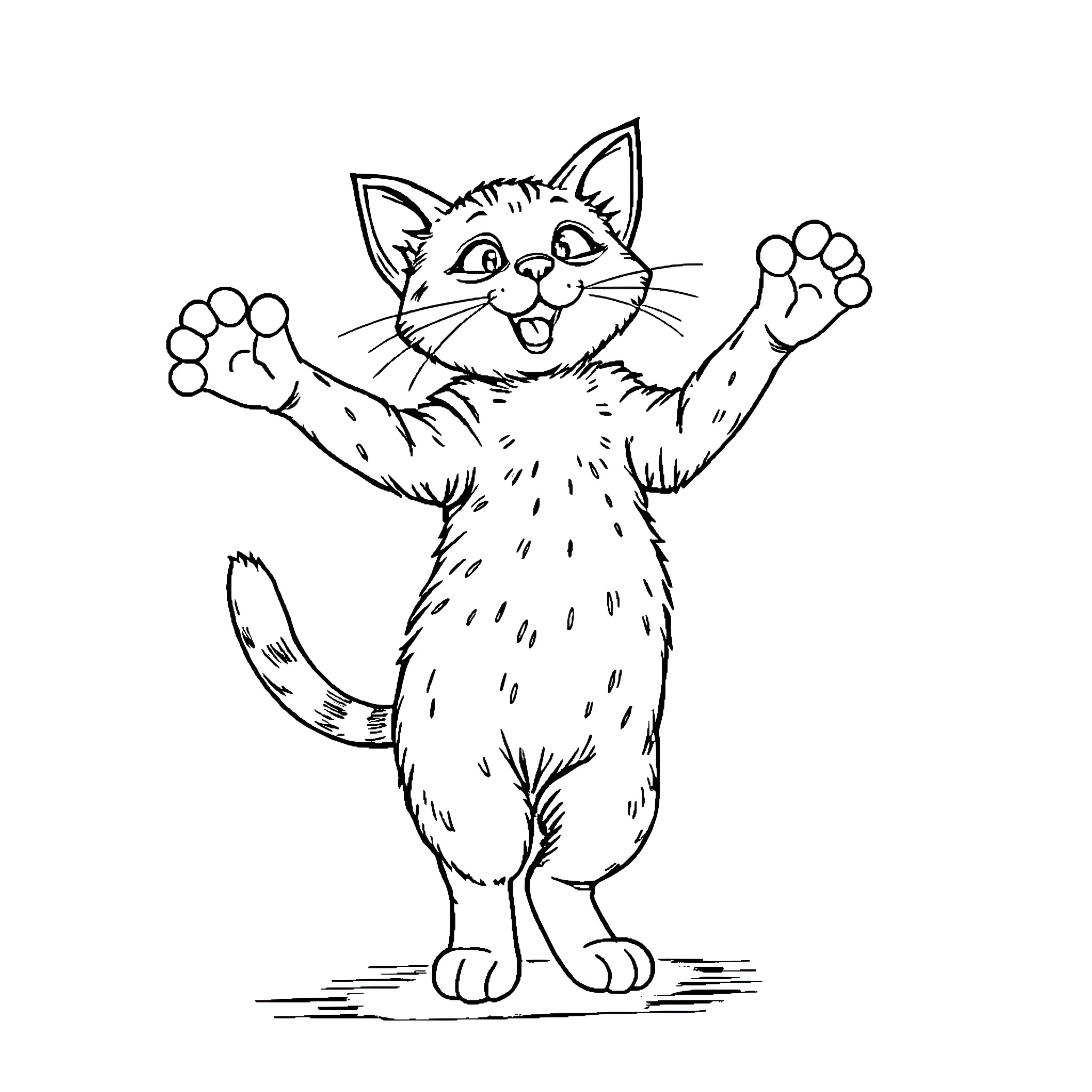 Cat playing and stretching with excitement Coloring Page (free black-and-white line drawing printable PDF for all, from beginners to advanced learners, including children, teens, adults, and seniors)
