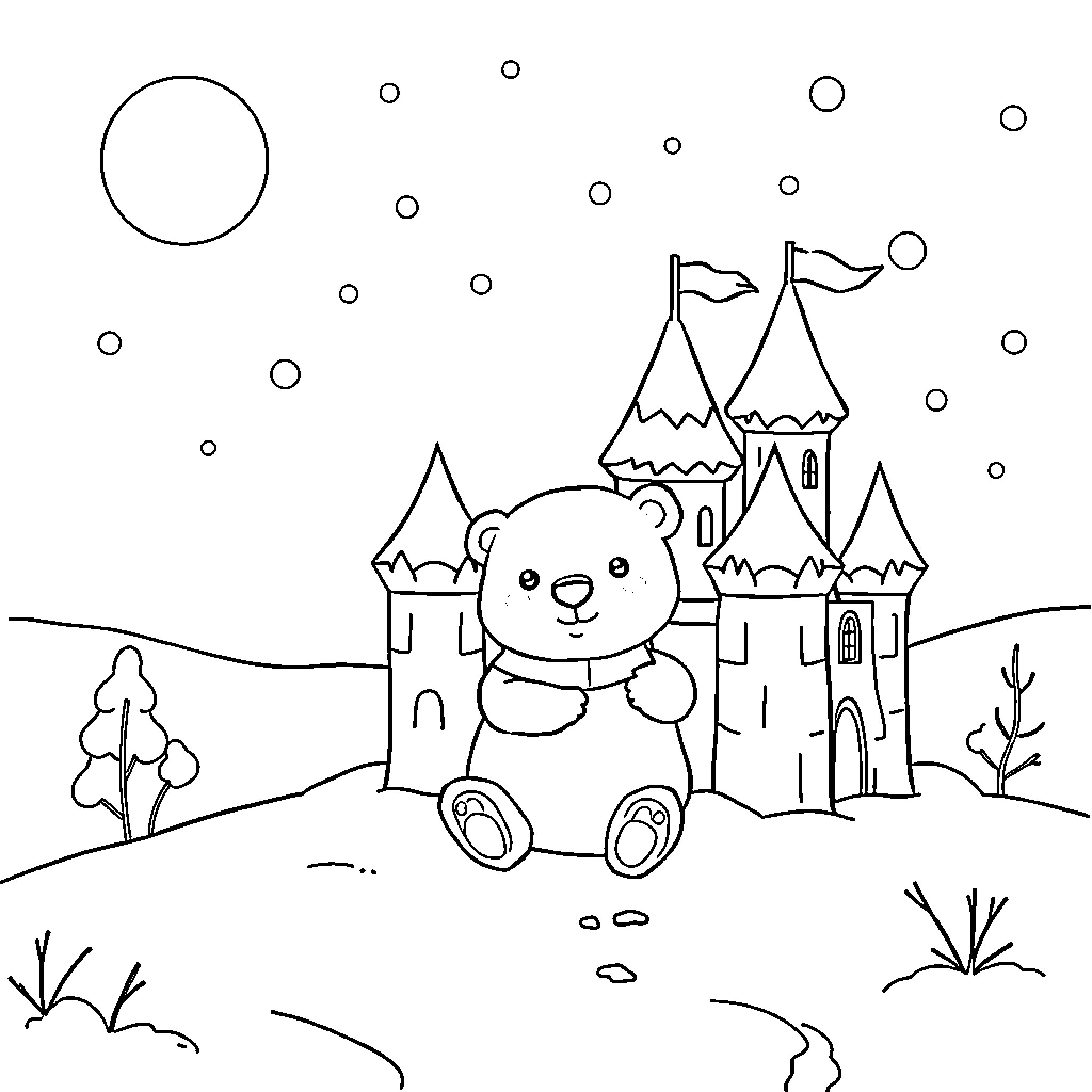 Polar Bear exploring a castle landscape Coloring Page (free black-and-white line drawing printable PDF for all, from beginners to advanced learners, including children, teens, adults, and seniors)