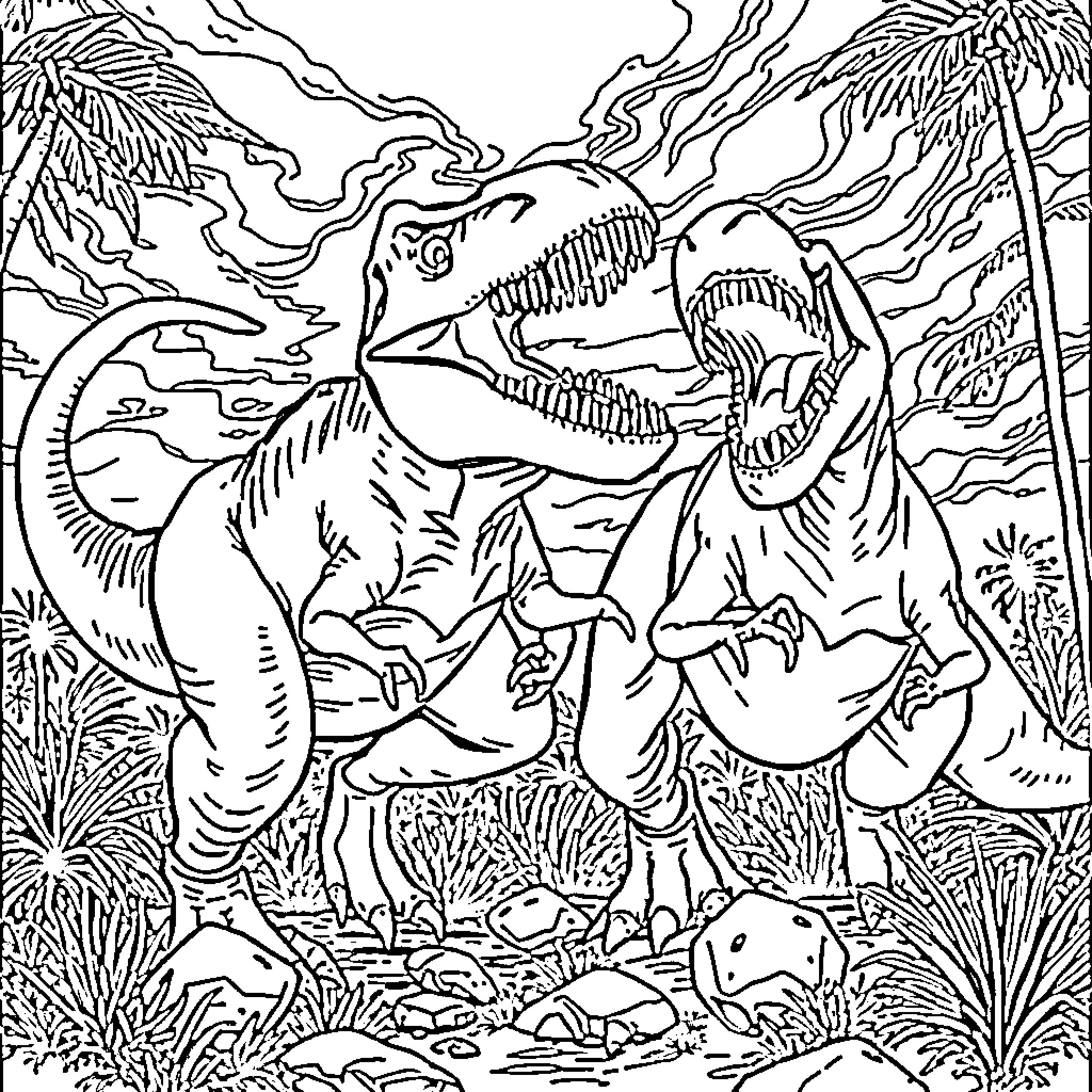 T-Rex dinosaurs roaring at each other in jungle Coloring Page (free black-and-white line drawing printable PDF for all, from beginners to advanced learners, including children, teens, adults, and seniors)