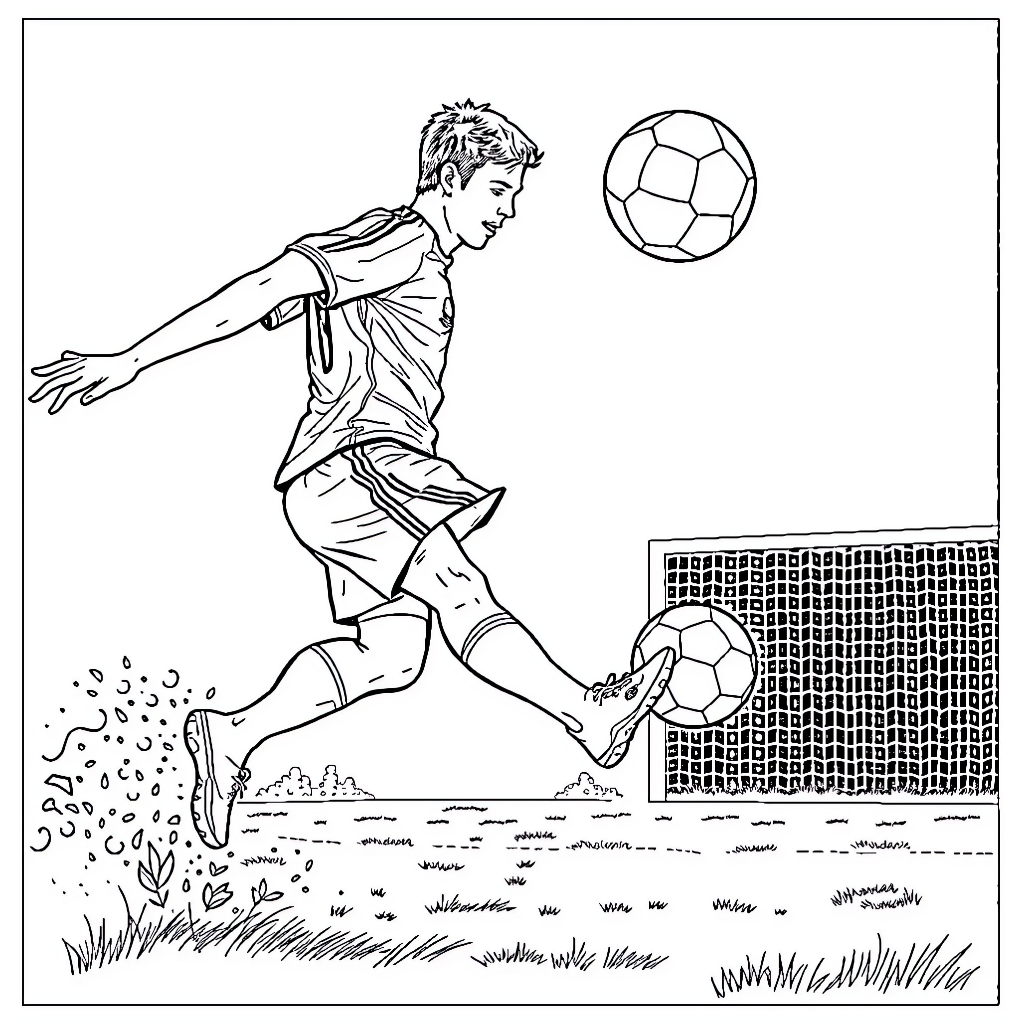 Futbolista kicking soccer ball on field Coloring Page (free black-and-white line drawing printable PDF for all, from beginners to advanced learners, including children, teens, adults, and seniors)