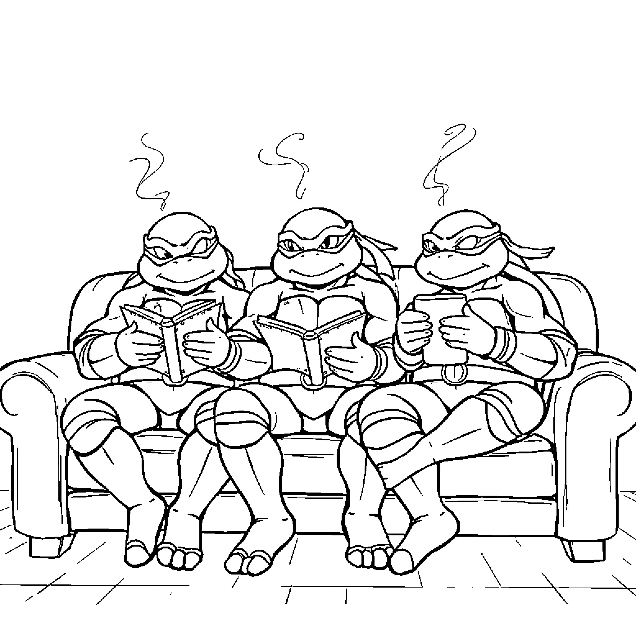 Ninja Turtles reading books on the sofa Coloring Page (free black-and-white line drawing printable PDF for all, from beginners to advanced learners, including children, teens, adults, and seniors)