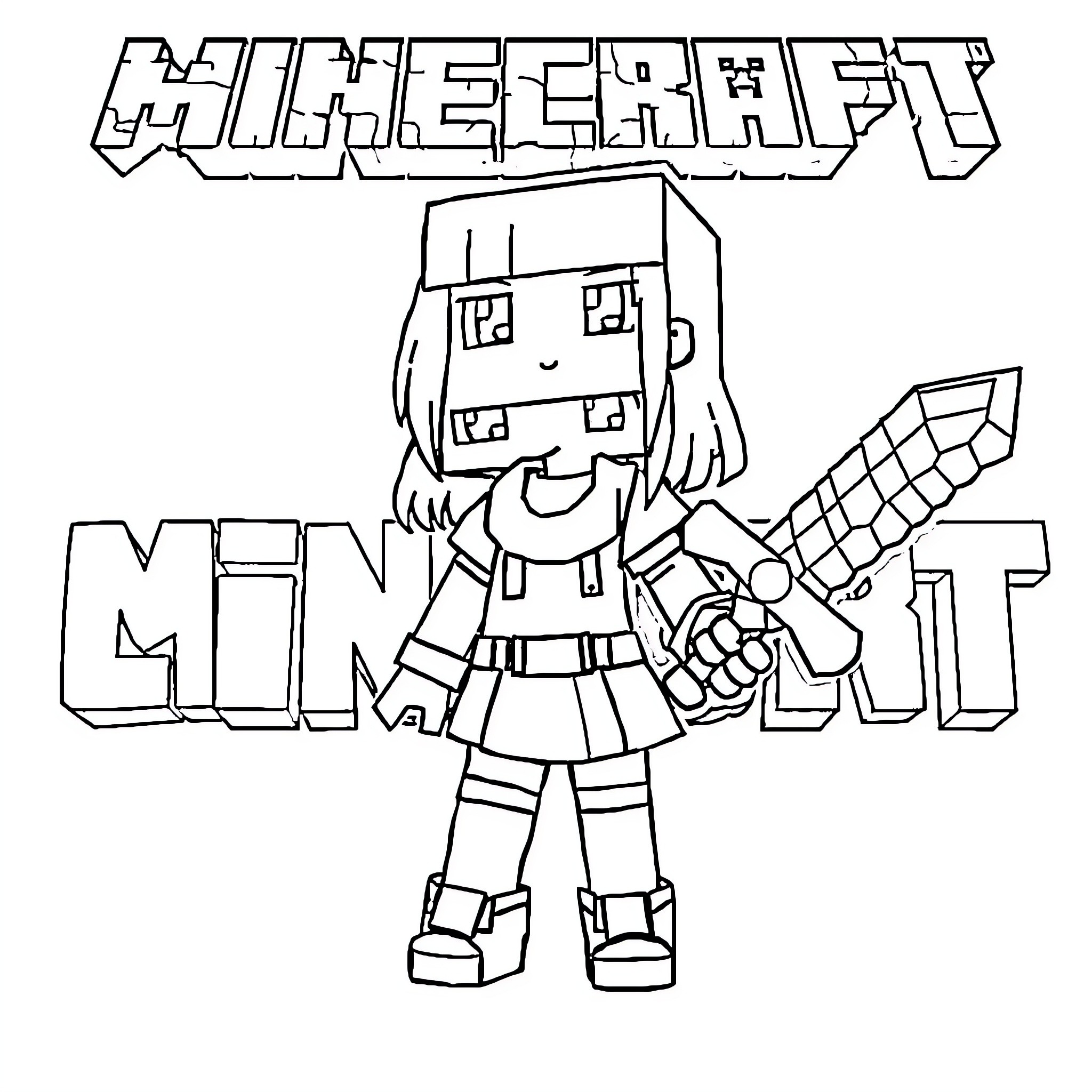 Minecraft girl character with weapons Coloring Page (free black-and-white line drawing printable PDF for all, from beginners to advanced learners, including children, teens, adults, and seniors)