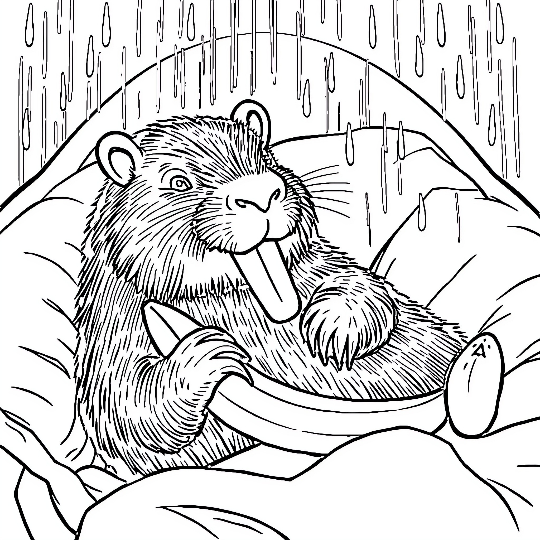 Capybara sheltering from the rain Coloring Page (free black-and-white line drawing printable PDF for all, from beginners to advanced learners, including children, teens, adults, and seniors)