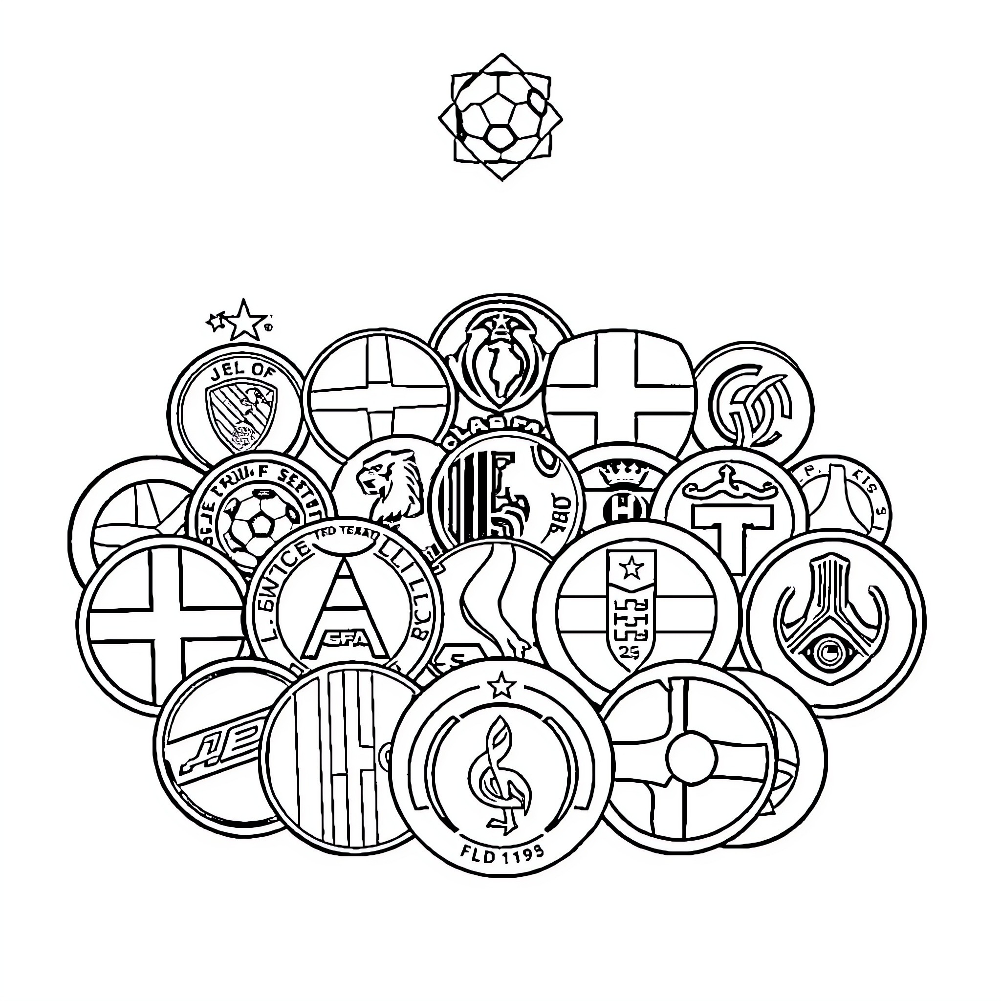 Soccer Team Logos Collage Coloring Page (free black-and-white line drawing printable PDF for all, from beginners to advanced learners, including children, teens, adults, and seniors)