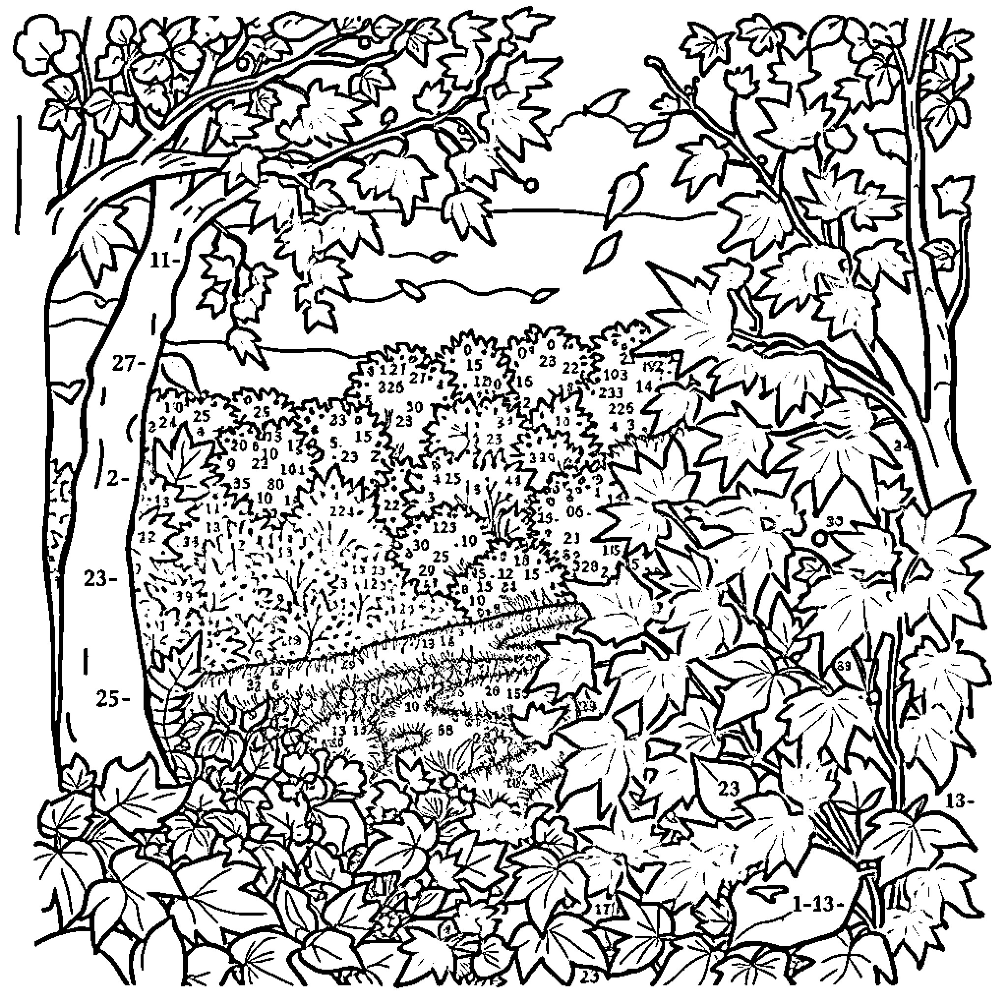 Fall Scene with Lush Foliage and Landscape Coloring Page (free black-and-white line drawing printable PDF for all, from beginners to advanced learners, including children, teens, adults, and seniors)
