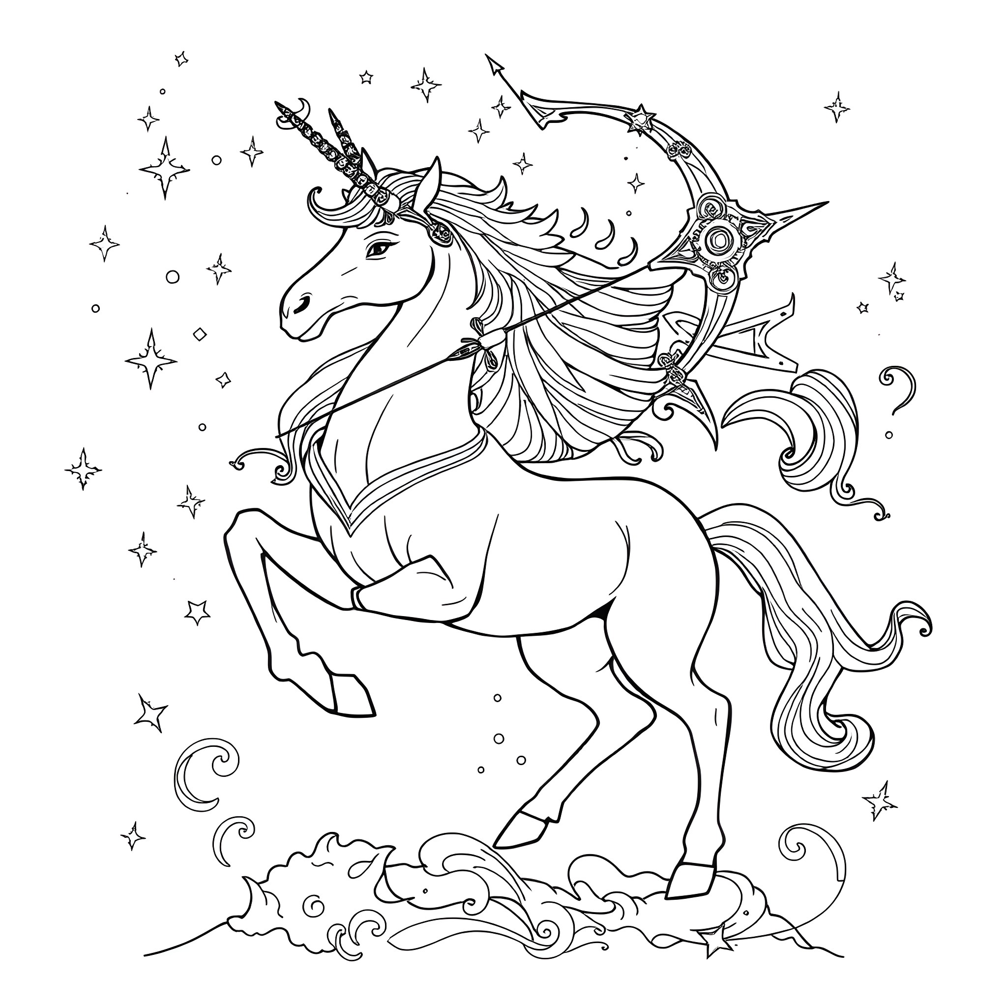 Sagittarius the Magical Unicorn in the Starry Night Coloring Page (free black-and-white line drawing printable PDF for all, from beginners to advanced learners, including children, teens, adults, and seniors)
