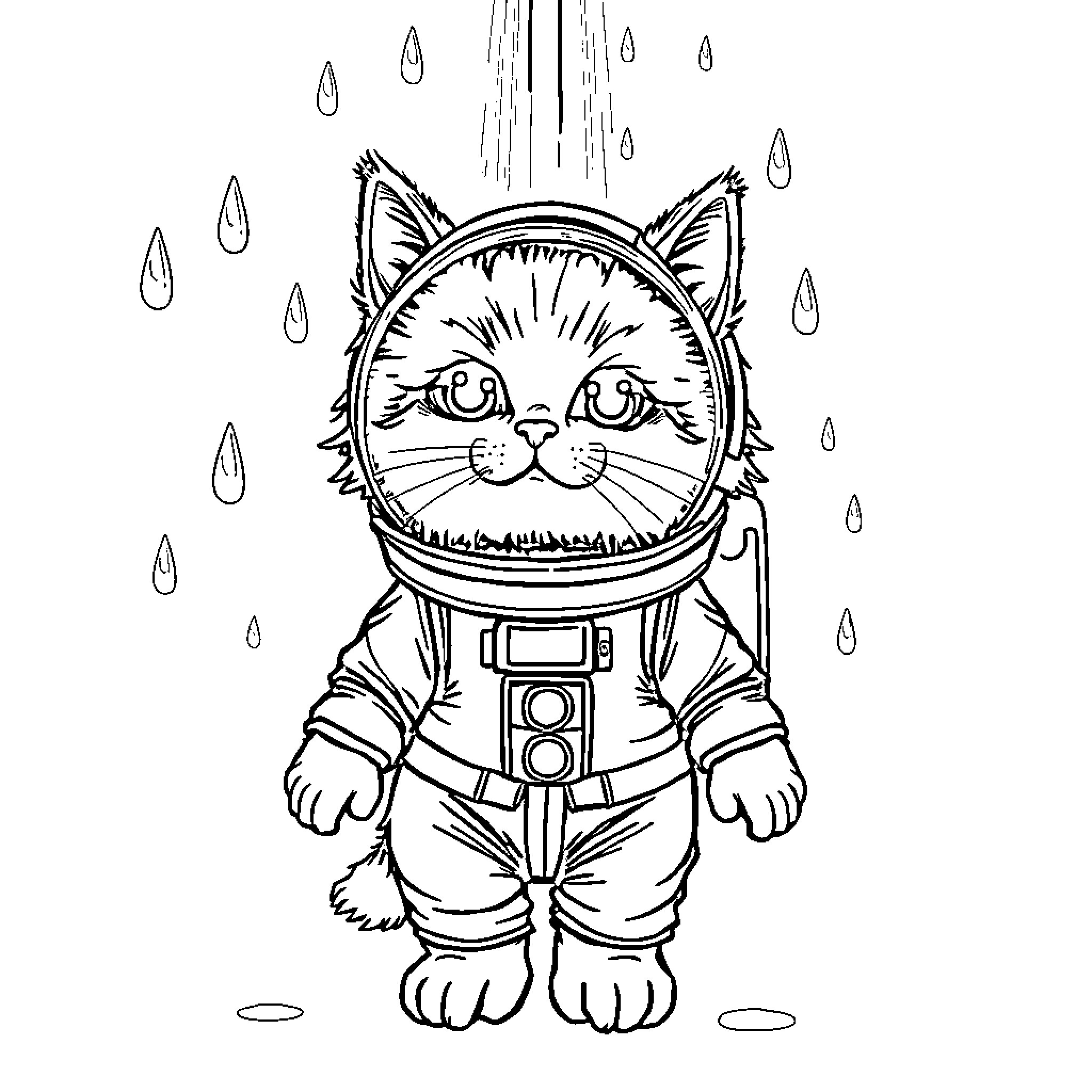 Cat in Spacesuit Exploring in the Rain Coloring Page (free black-and-white line drawing printable PDF for all, from beginners to advanced learners, including children, teens, adults, and seniors)