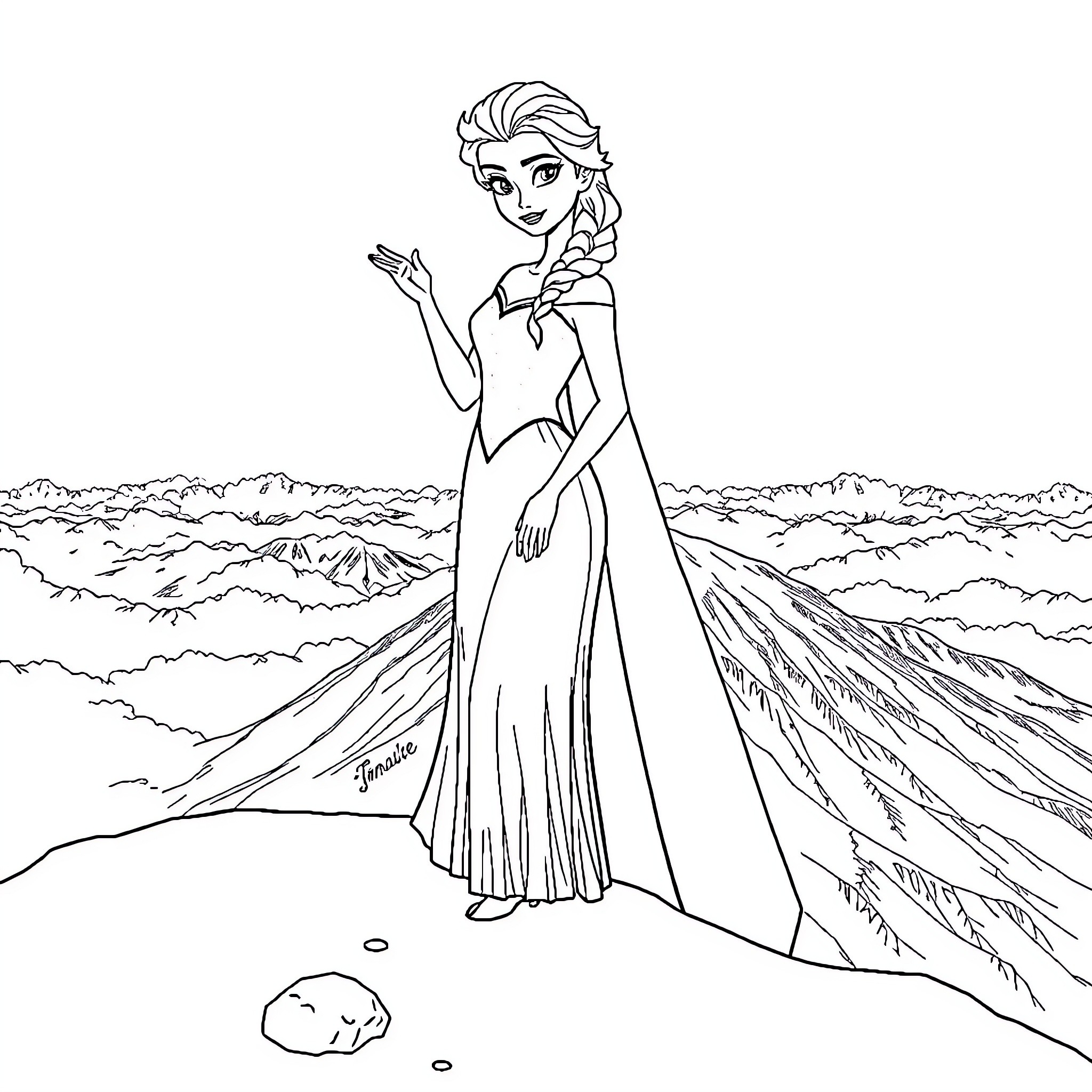 Elsa's Icy Adventure in the Snowy Landscape Coloring Page (free black-and-white line drawing printable PDF for all, from beginners to advanced learners, including children, teens, adults, and seniors)