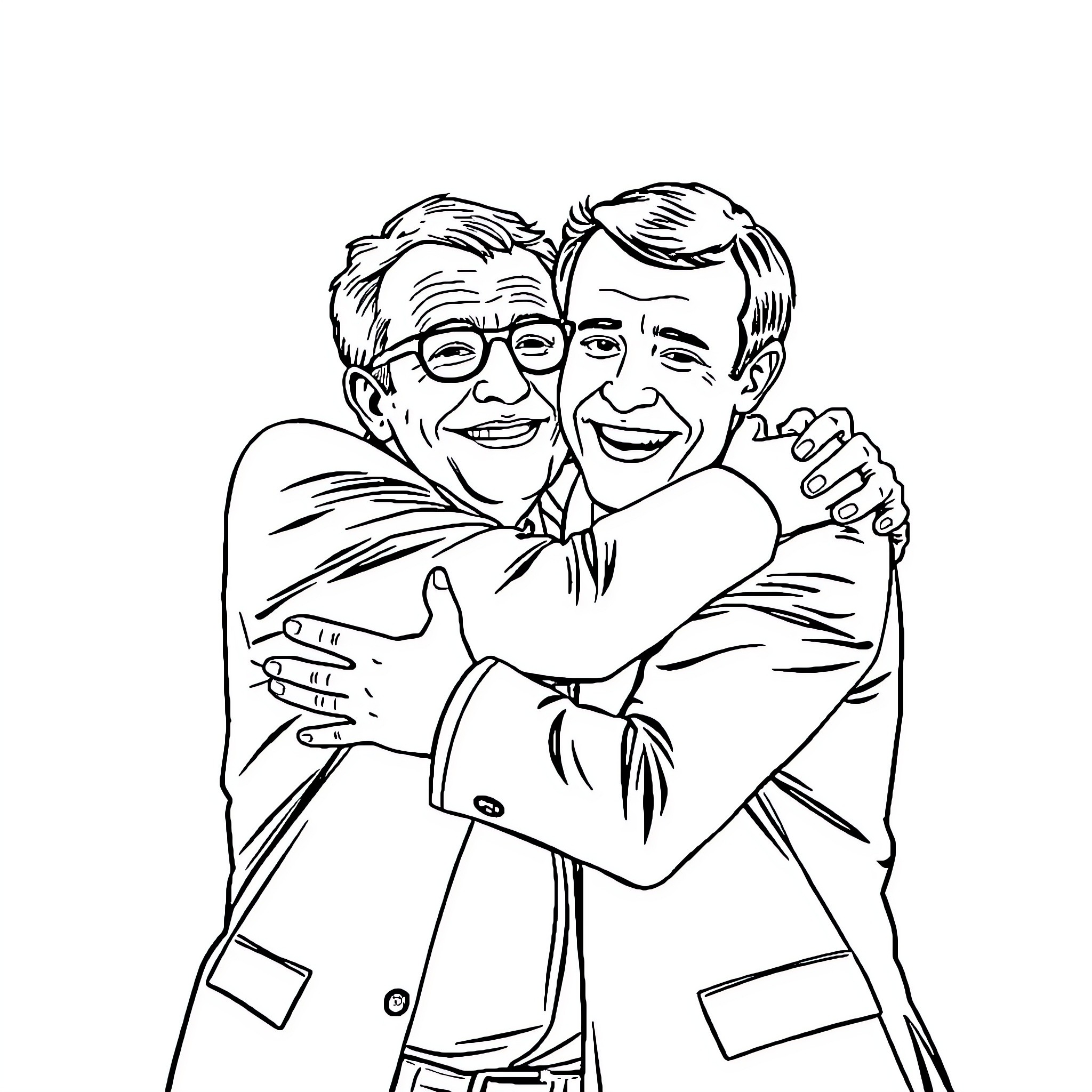 Jean Luc Mélenchon embracing colleague in warmth Coloring Page (free black-and-white line drawing printable PDF for all, from beginners to advanced learners, including children, teens, adults, and seniors)