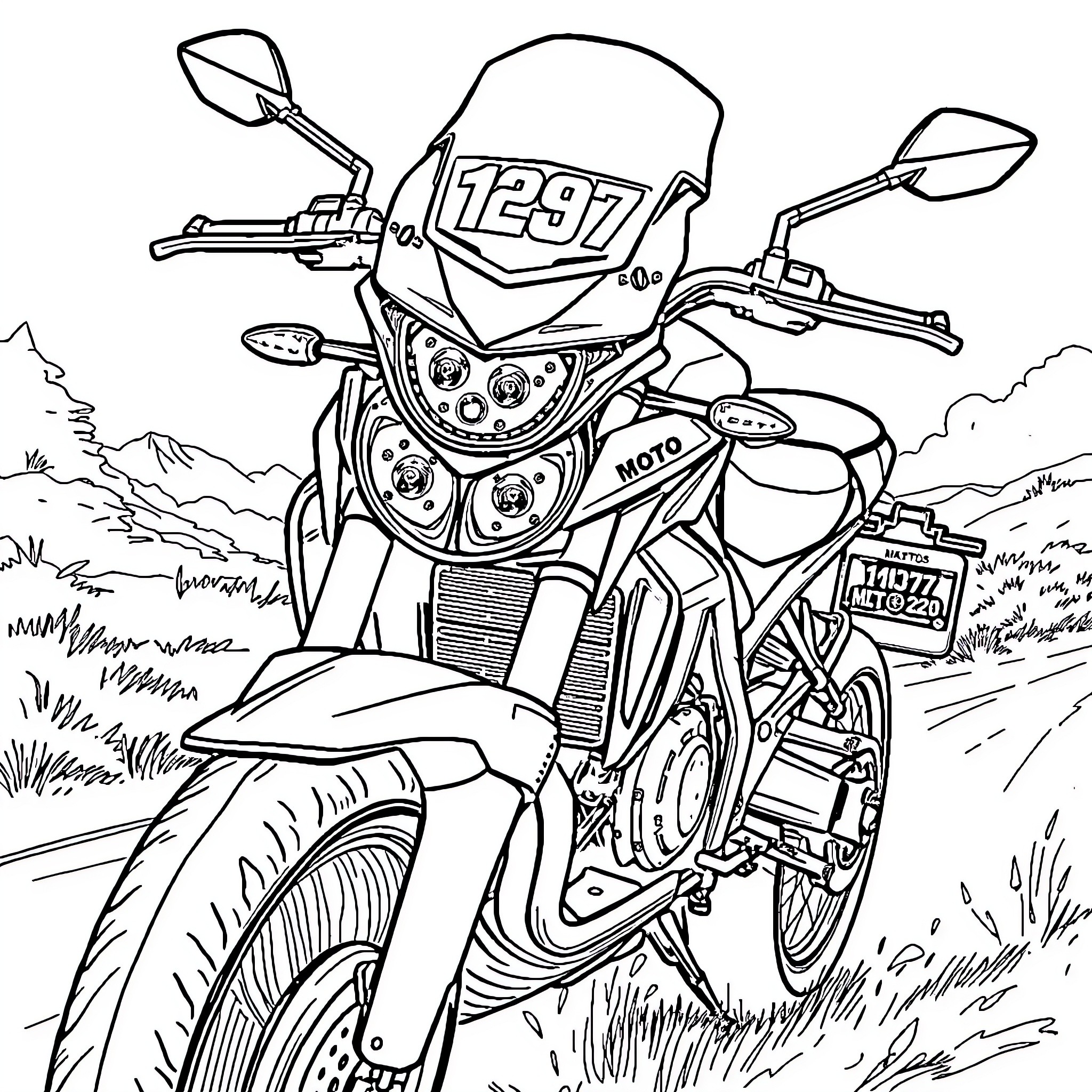 Moto Rider Navigating Mountainous Terrain Coloring Page (free black-and-white line drawing printable PDF for all, from beginners to advanced learners, including children, teens, adults, and seniors)