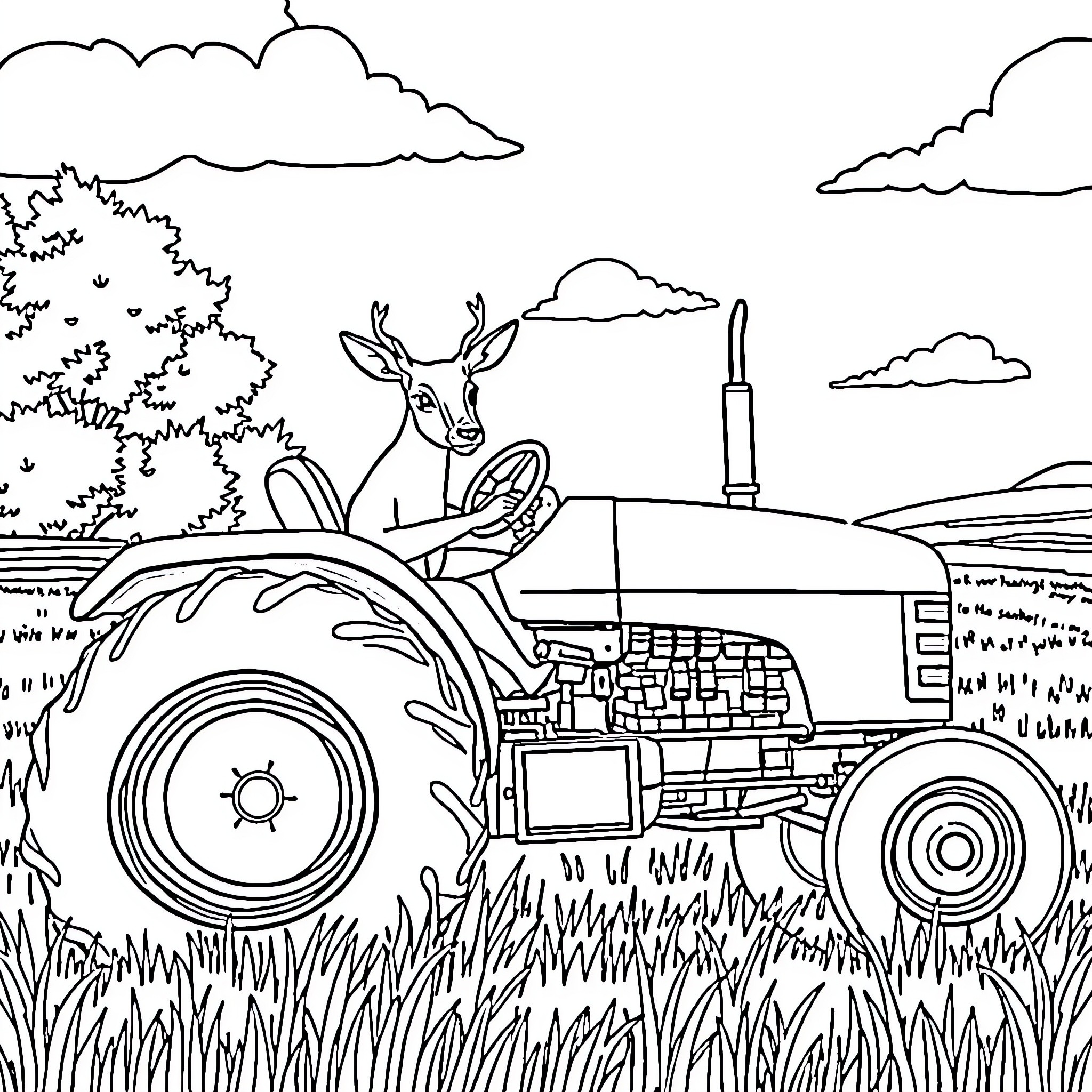 Deer relaxing on a tractor in the countryside Coloring Page (free black-and-white line drawing printable PDF for all, from beginners to advanced learners, including children, teens, adults, and seniors)