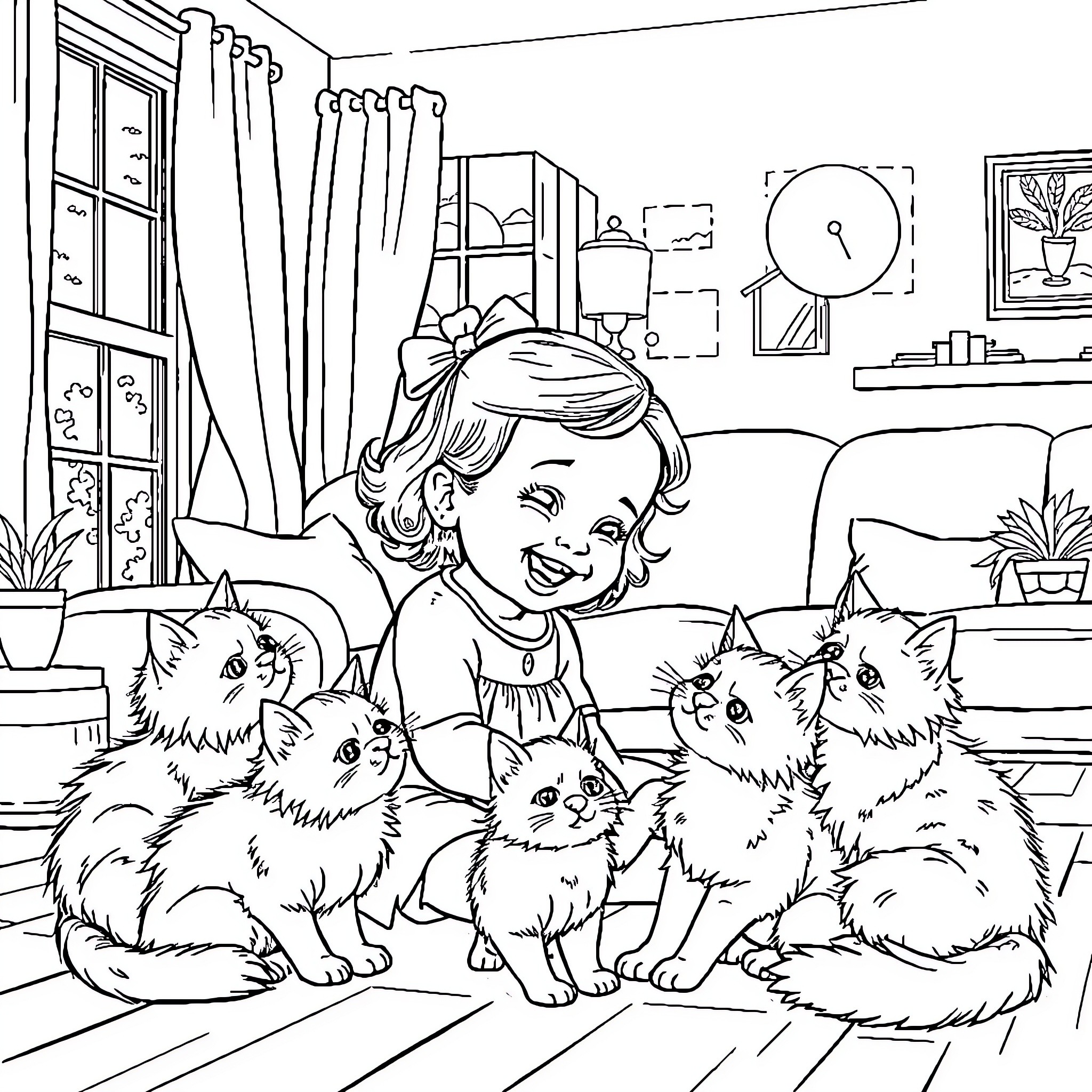 Baby Girl Surrounded by Playful Kittens Coloring Page (free black-and-white line drawing printable PDF for all, from beginners to advanced learners, including children, teens, adults, and seniors)