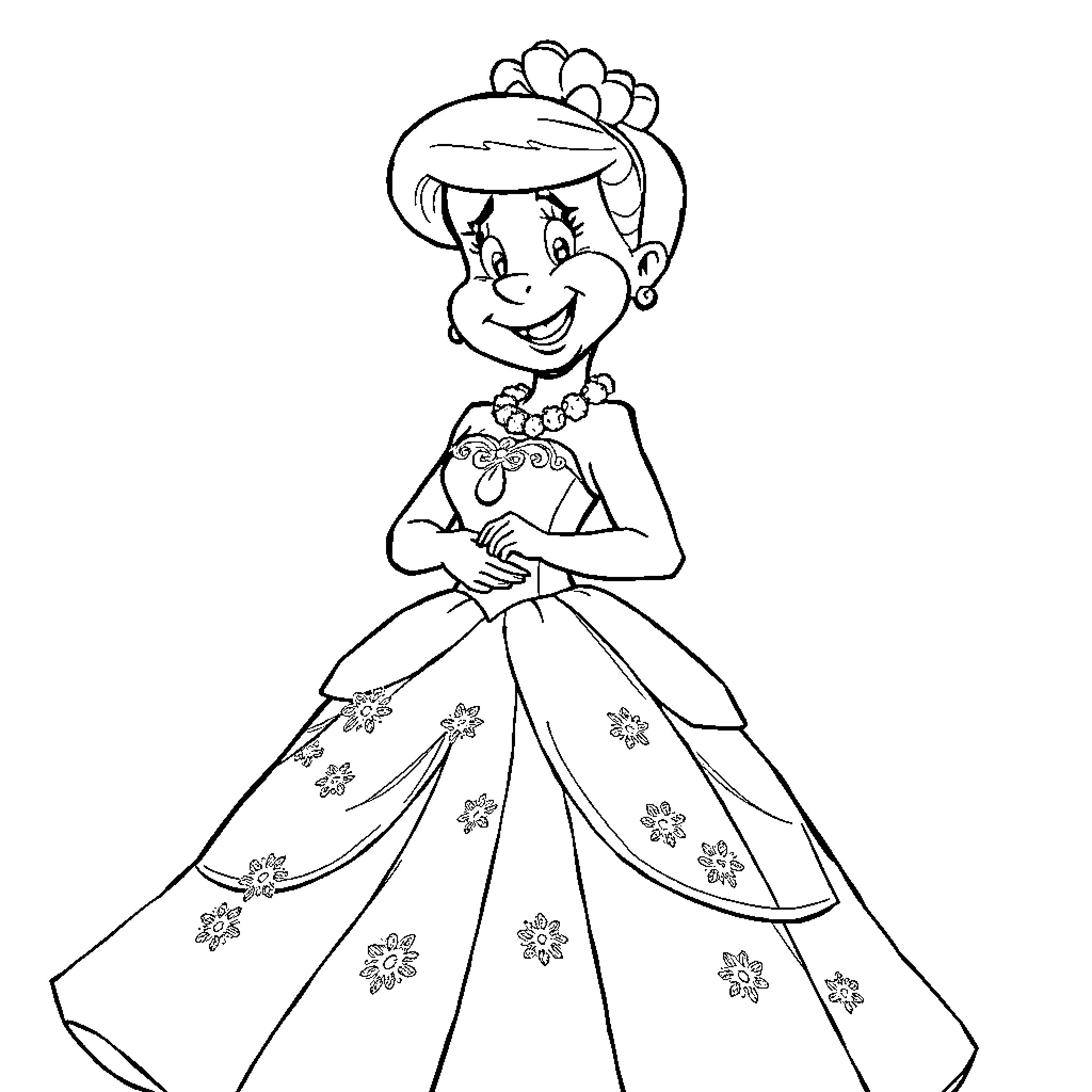 Wilma in a Flowery Princess Dress Coloring Page (free black-and-white line drawing printable PDF for all, from beginners to advanced learners, including children, teens, adults, and seniors)