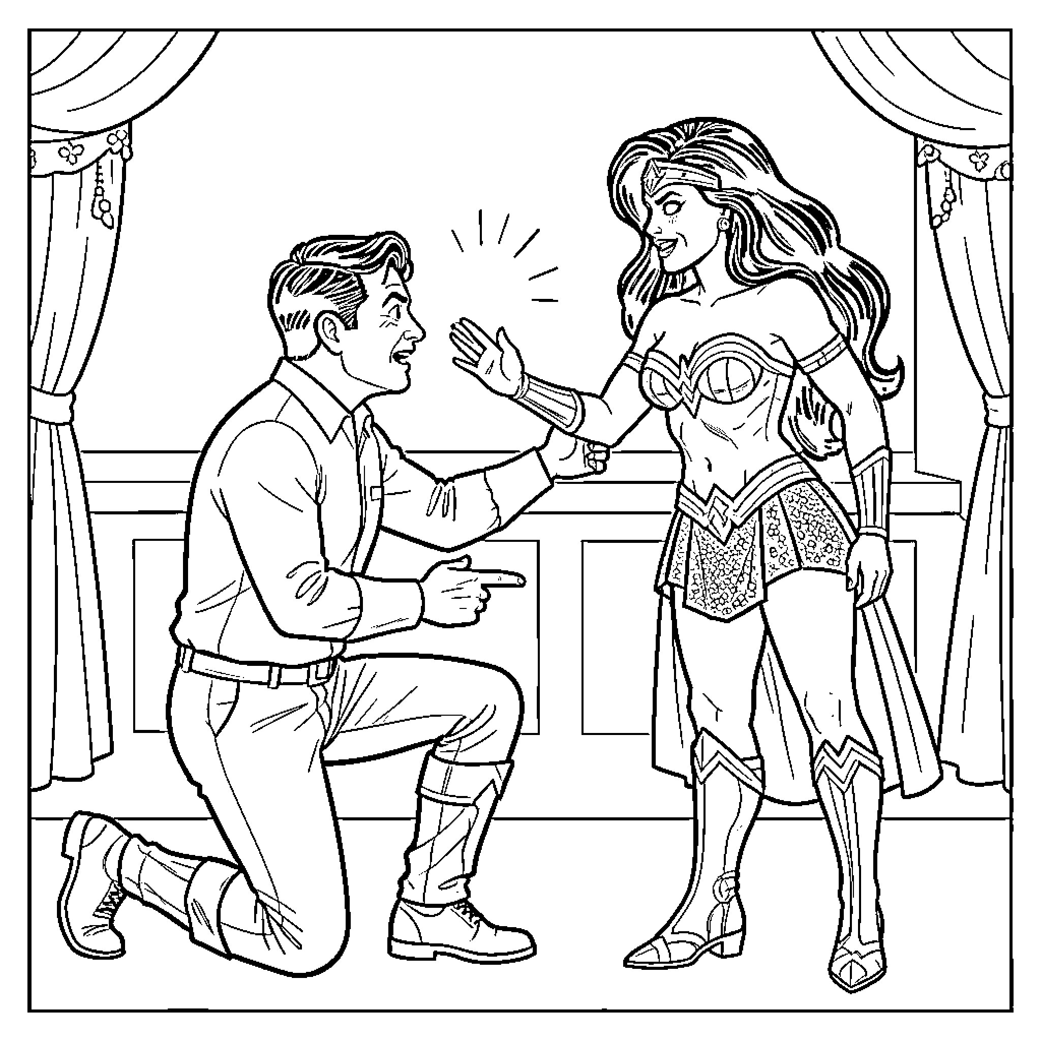 Wonder Woman interacting with a kneeling man Coloring Page (free black-and-white line drawing printable PDF for all, from beginners to advanced learners, including children, teens, adults, and seniors)
