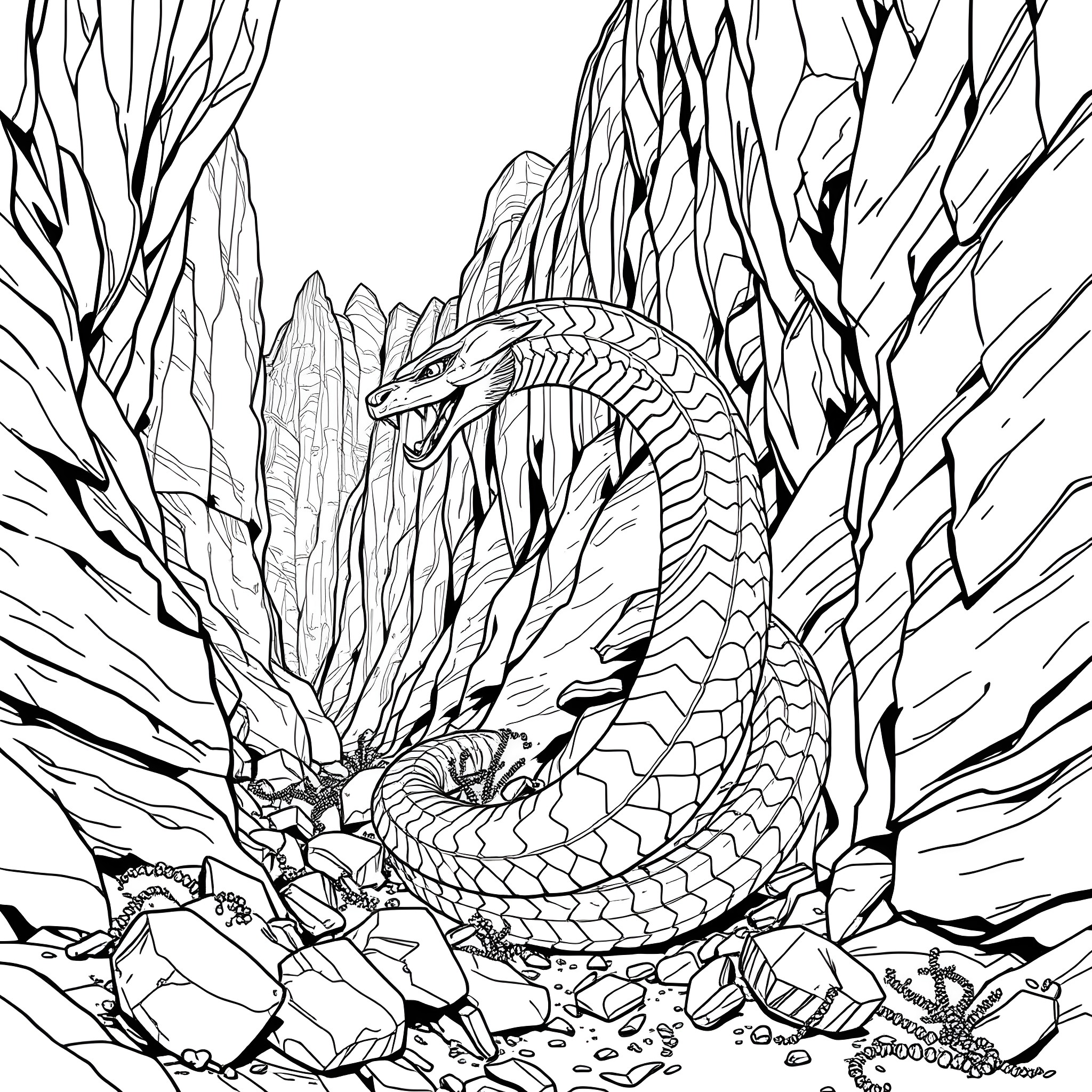Uktena, the powerful serpent guardian in the wild Coloring Page (free black-and-white line drawing printable PDF for all, from beginners to advanced learners, including children, teens, adults, and seniors)