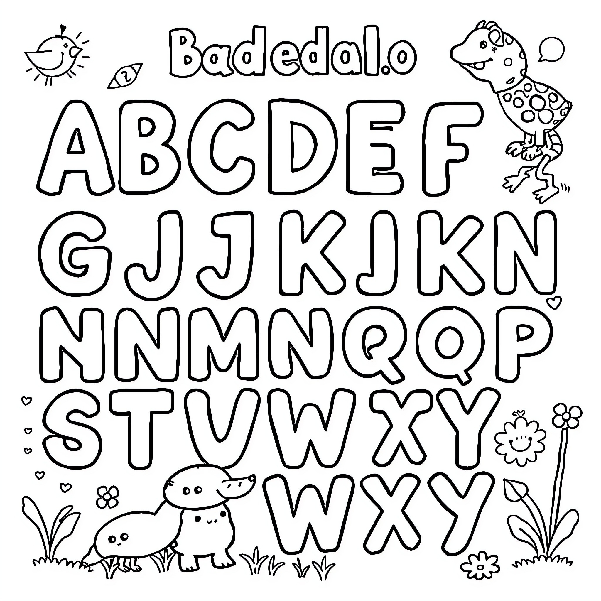Alphabet with playful characters and nature elements Coloring Page (free black-and-white line drawing printable PDF for all, from beginners to advanced learners, including children, teens, adults, and seniors)