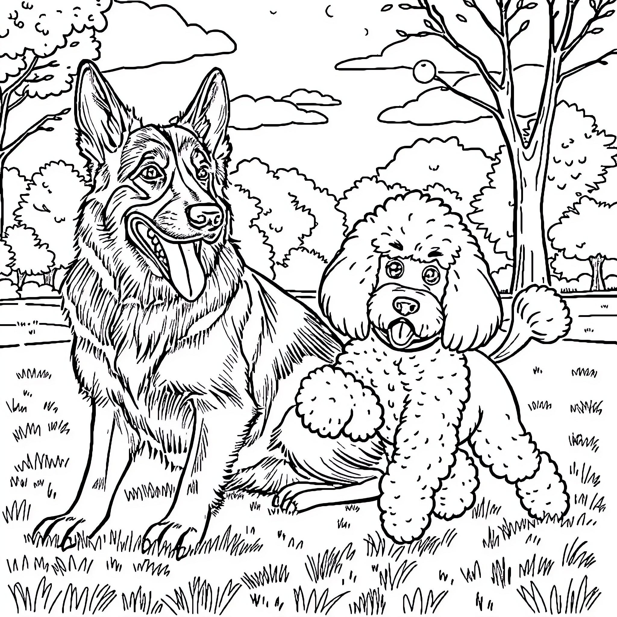 Dog friends exploring the natural landscape Coloring Page (free black-and-white line drawing printable PDF for all, from beginners to advanced learners, including children, teens, adults, and seniors)