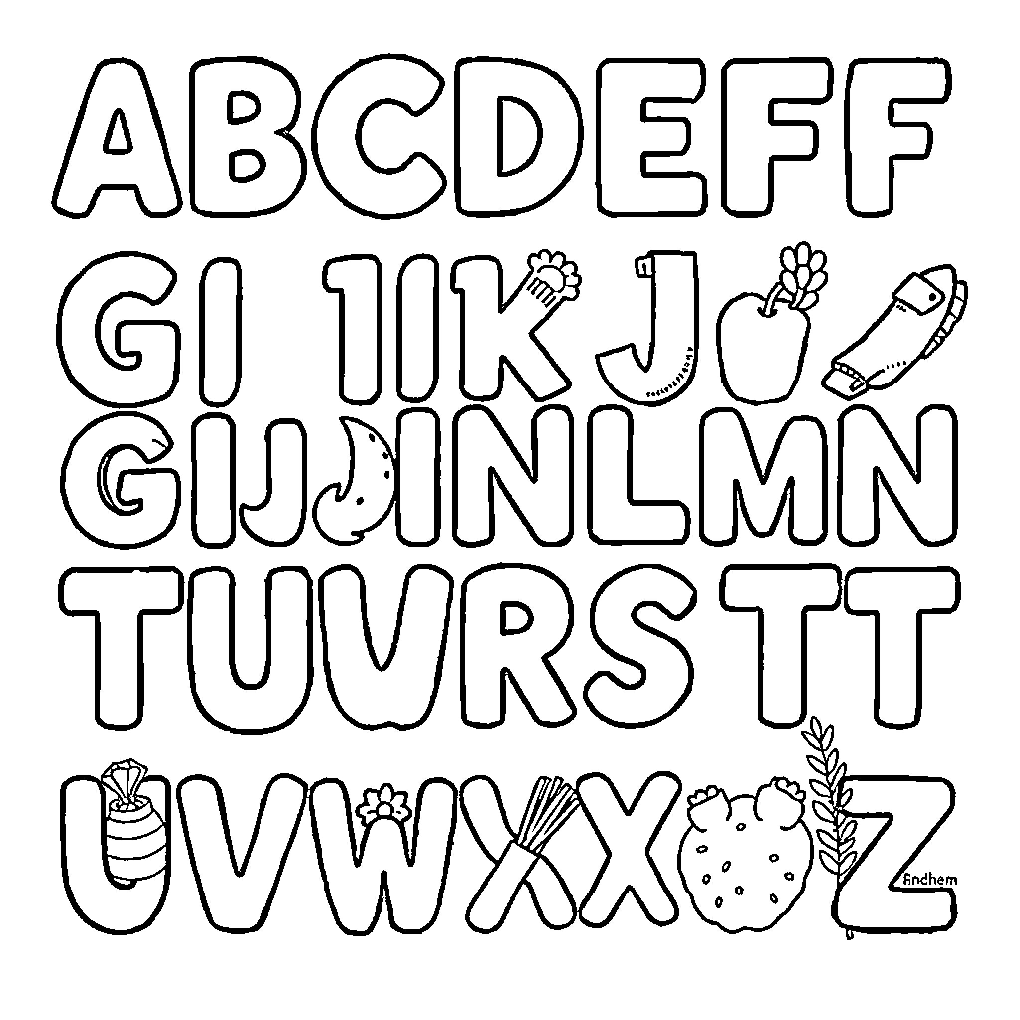 Alphabet Filled with Playful Objects and Symbols Coloring Page (free black-and-white line drawing printable PDF for all, from beginners to advanced learners, including children, teens, adults, and seniors)