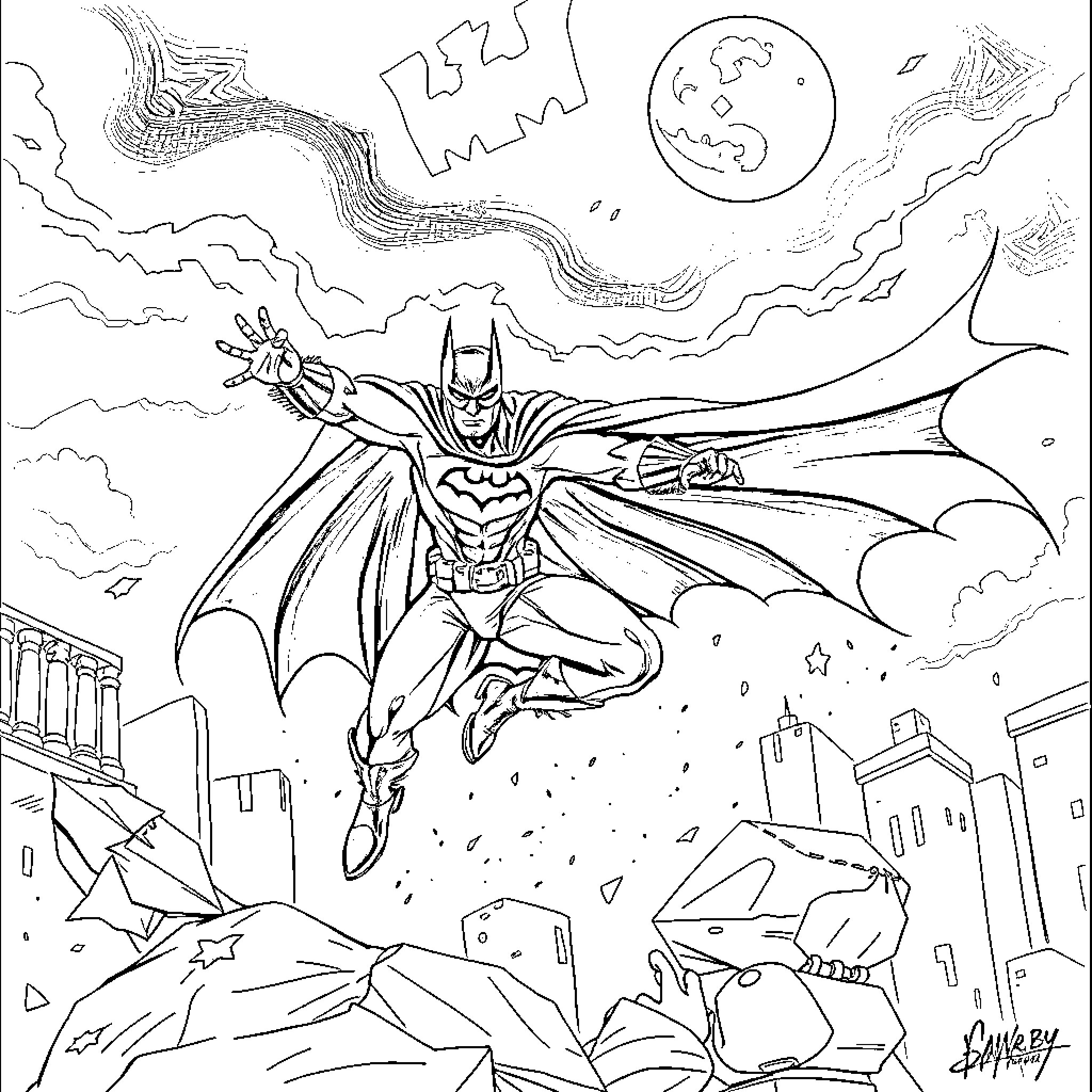Cat superhero fighting crime in the city Coloring Page (free black-and-white line drawing printable PDF for all, from beginners to advanced learners, including children, teens, adults, and seniors)