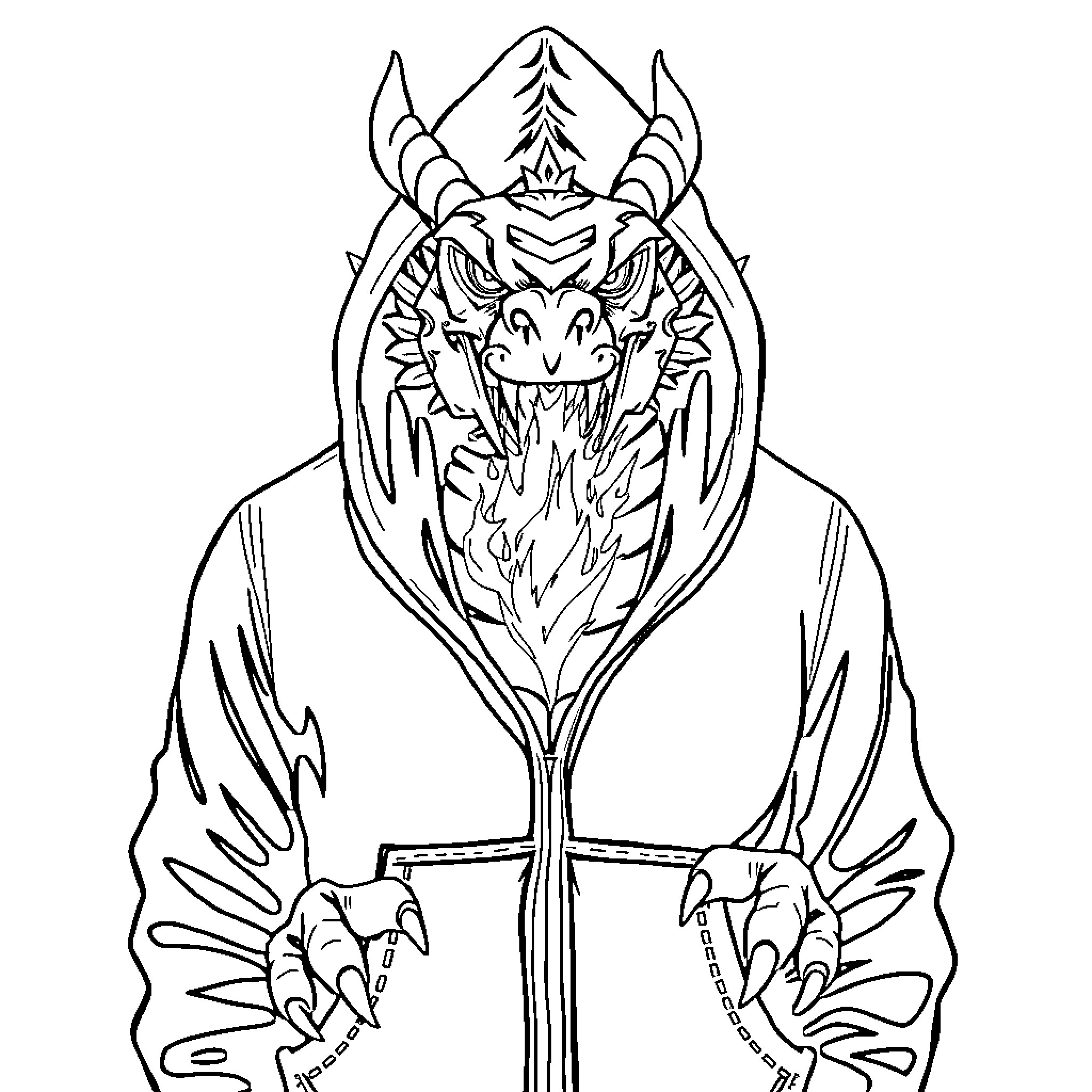 Dragon Fiercely Emerging from the Shadows Coloring Page (free black-and-white line drawing printable PDF for all, from beginners to advanced learners, including children, teens, adults, and seniors)