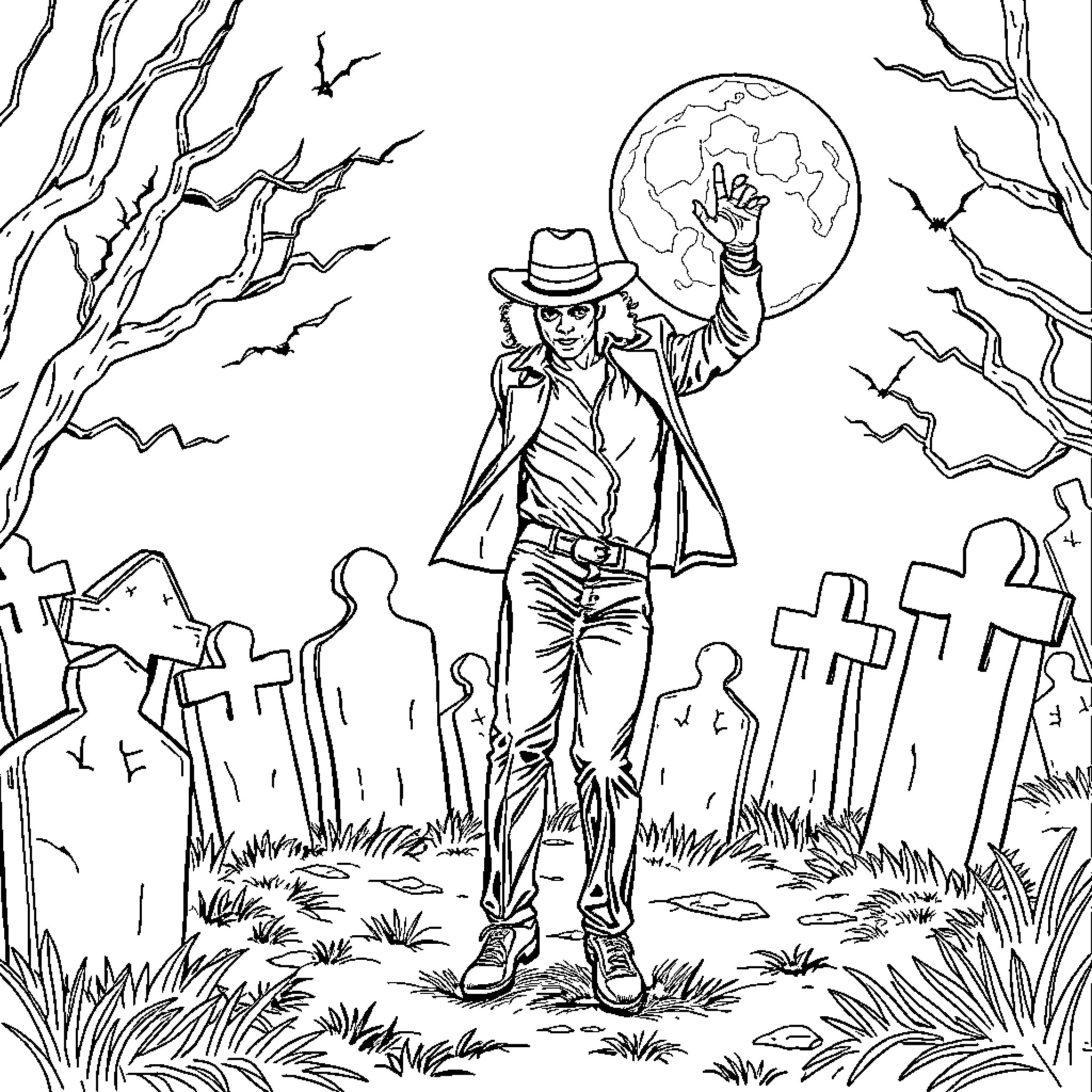 Michael Jackson's Haunting Moonwalk through a Graveyard Coloring Page (free black-and-white line drawing printable PDF for all, from beginners to advanced learners, including children, teens, adults, and seniors)