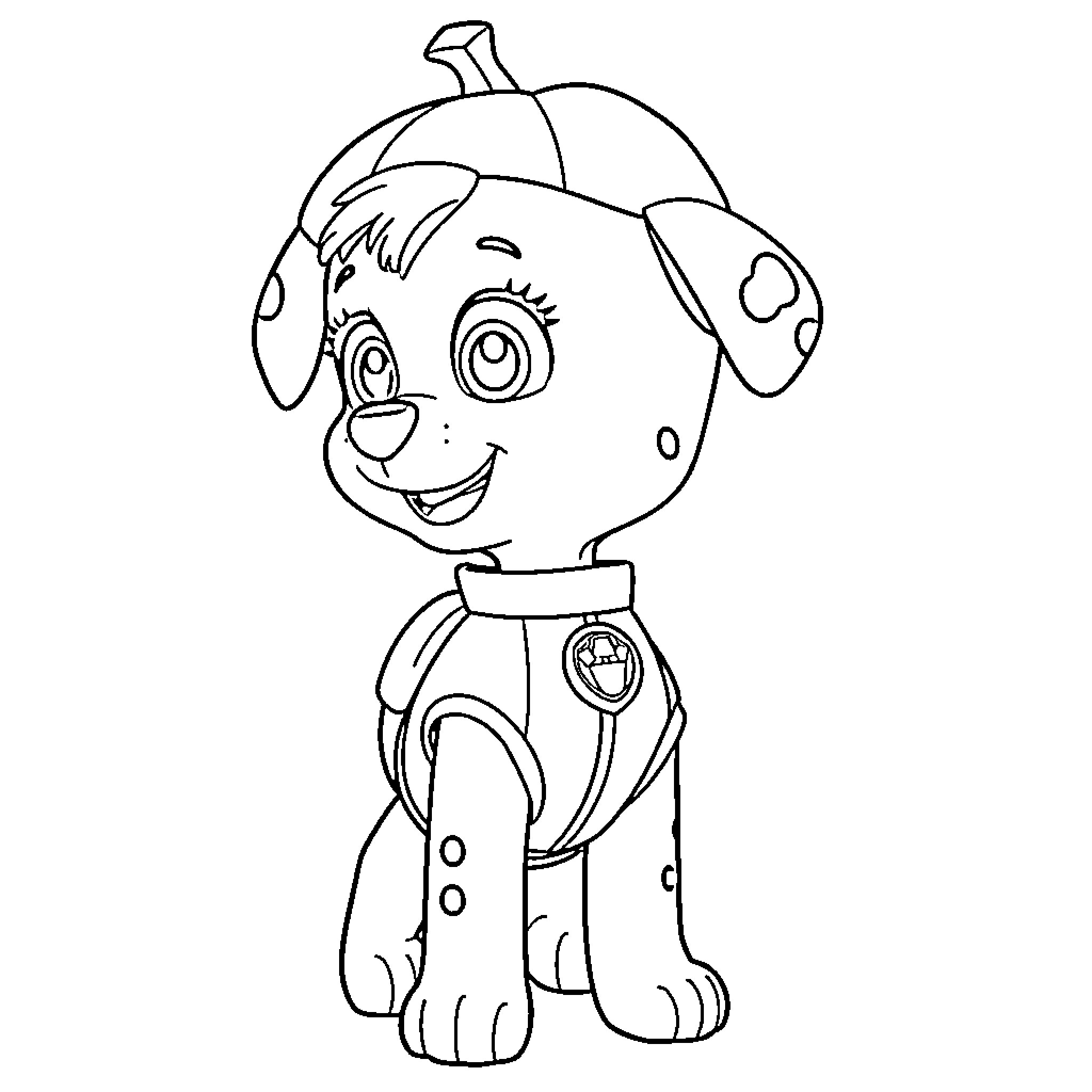 Skye the Paw Patrol Puppy's Playful Pose Coloring Page (free black-and-white line drawing printable PDF for all, from beginners to advanced learners, including children, teens, adults, and seniors)