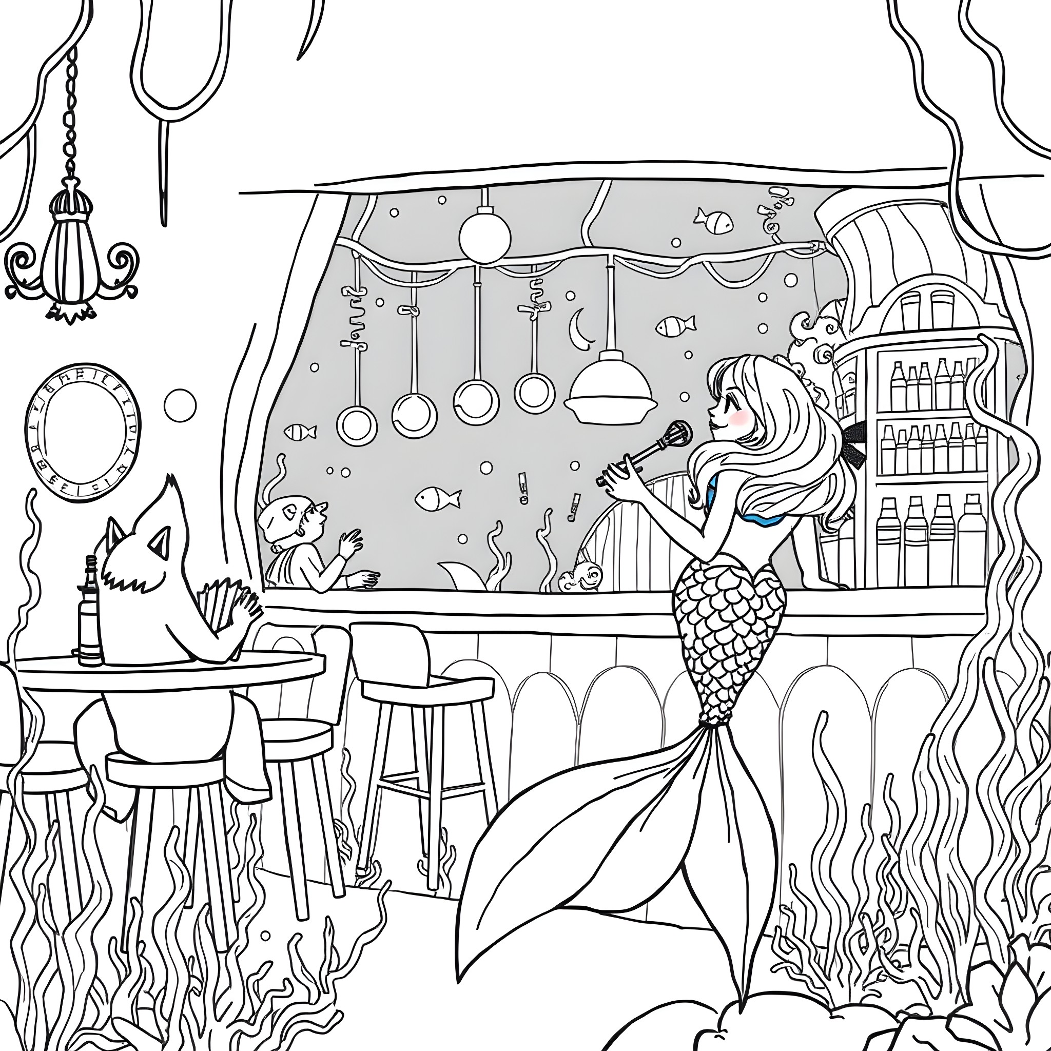 Mermaid enjoying underwater bar in enchanting ocean scene Coloring Page (free black-and-white line drawing printable PDF for all, from beginners to advanced learners, including children, teens, adults, and seniors)