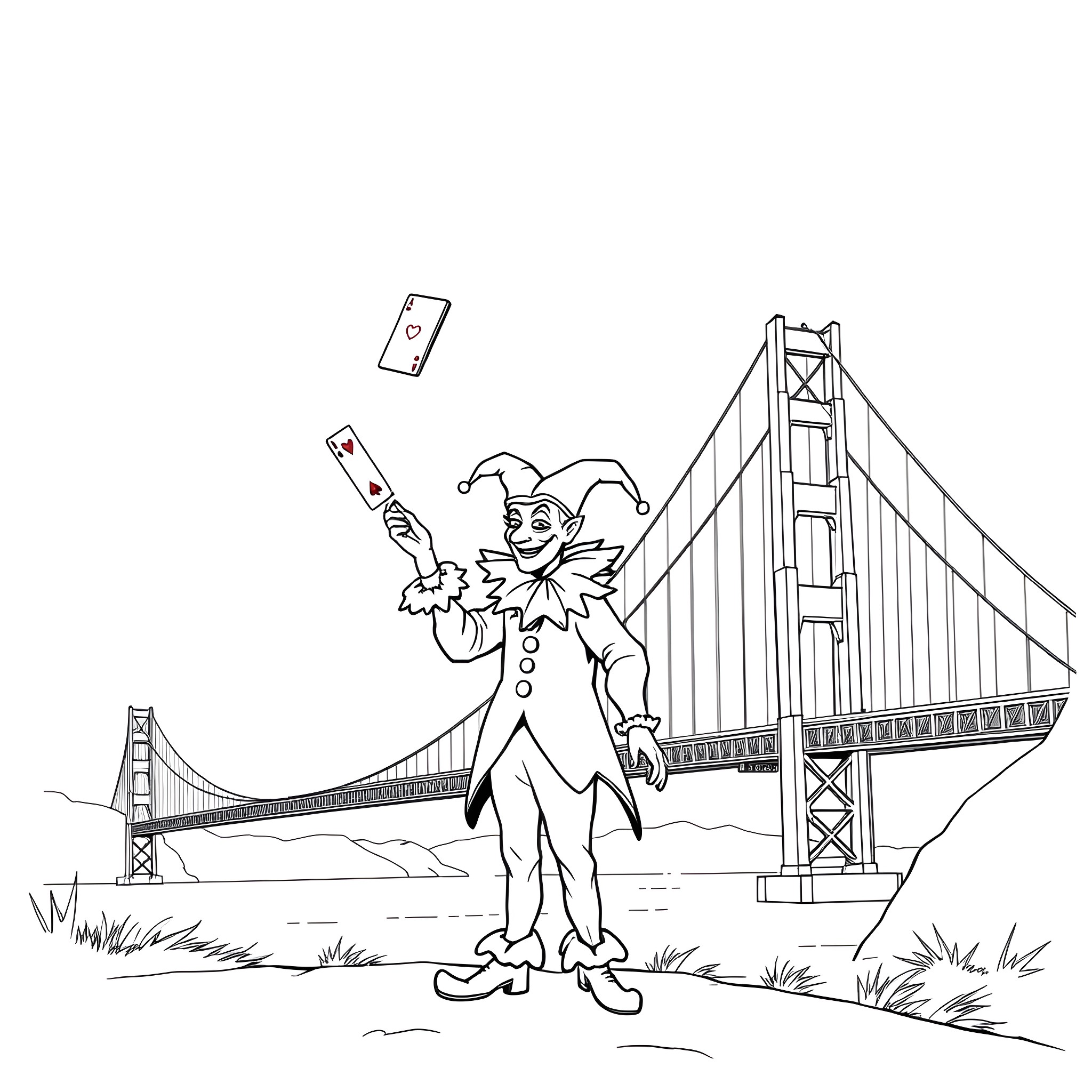 Joker in Jester Outfit at Golden Gate Bridge Coloring Page (free black-and-white line drawing printable PDF for all, from beginners to advanced learners, including children, teens, adults, and seniors)