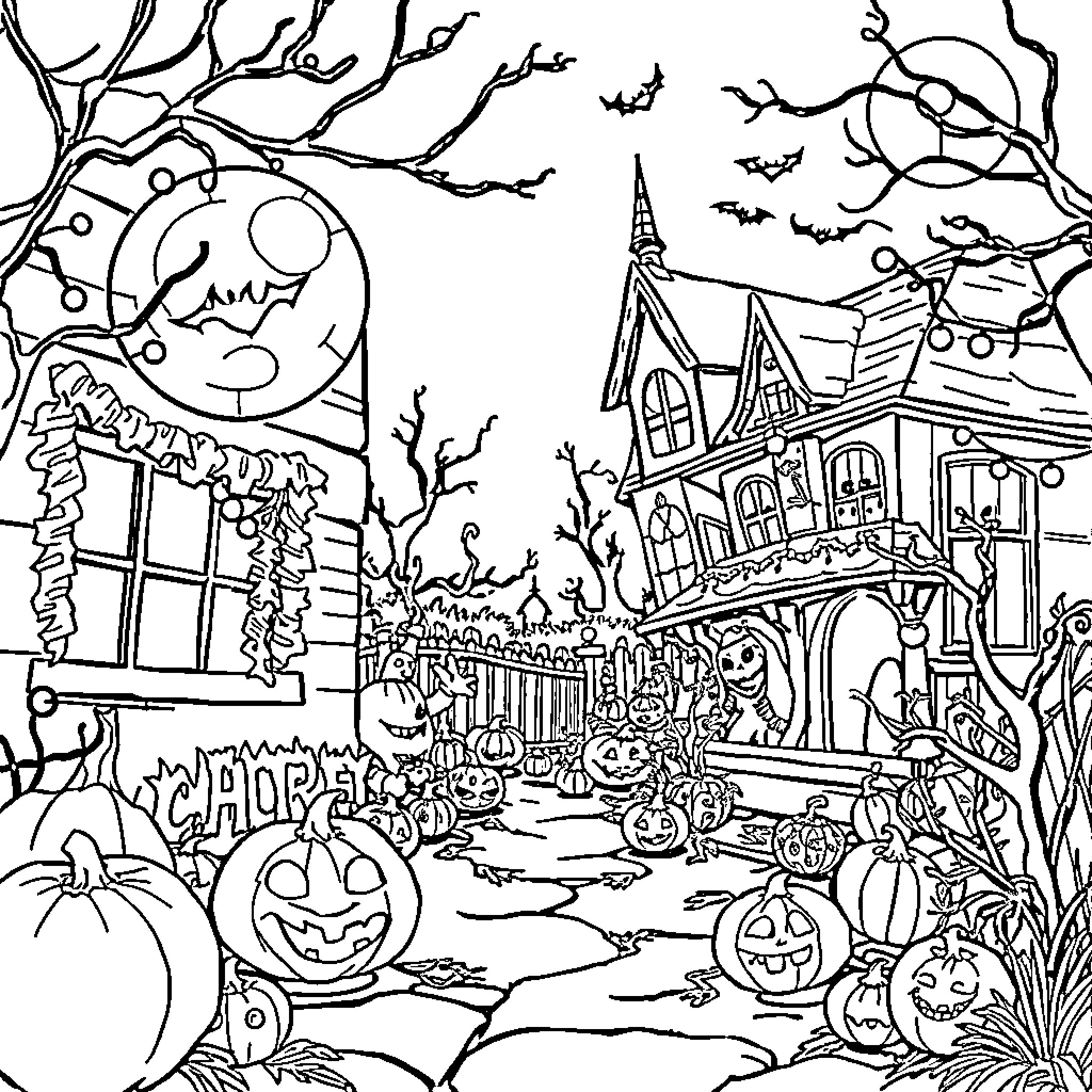 Halloween spooky scene with haunted house and pumpkins Coloring Page (free black-and-white line drawing printable PDF for all, from beginners to advanced learners, including children, teens, adults, and seniors)